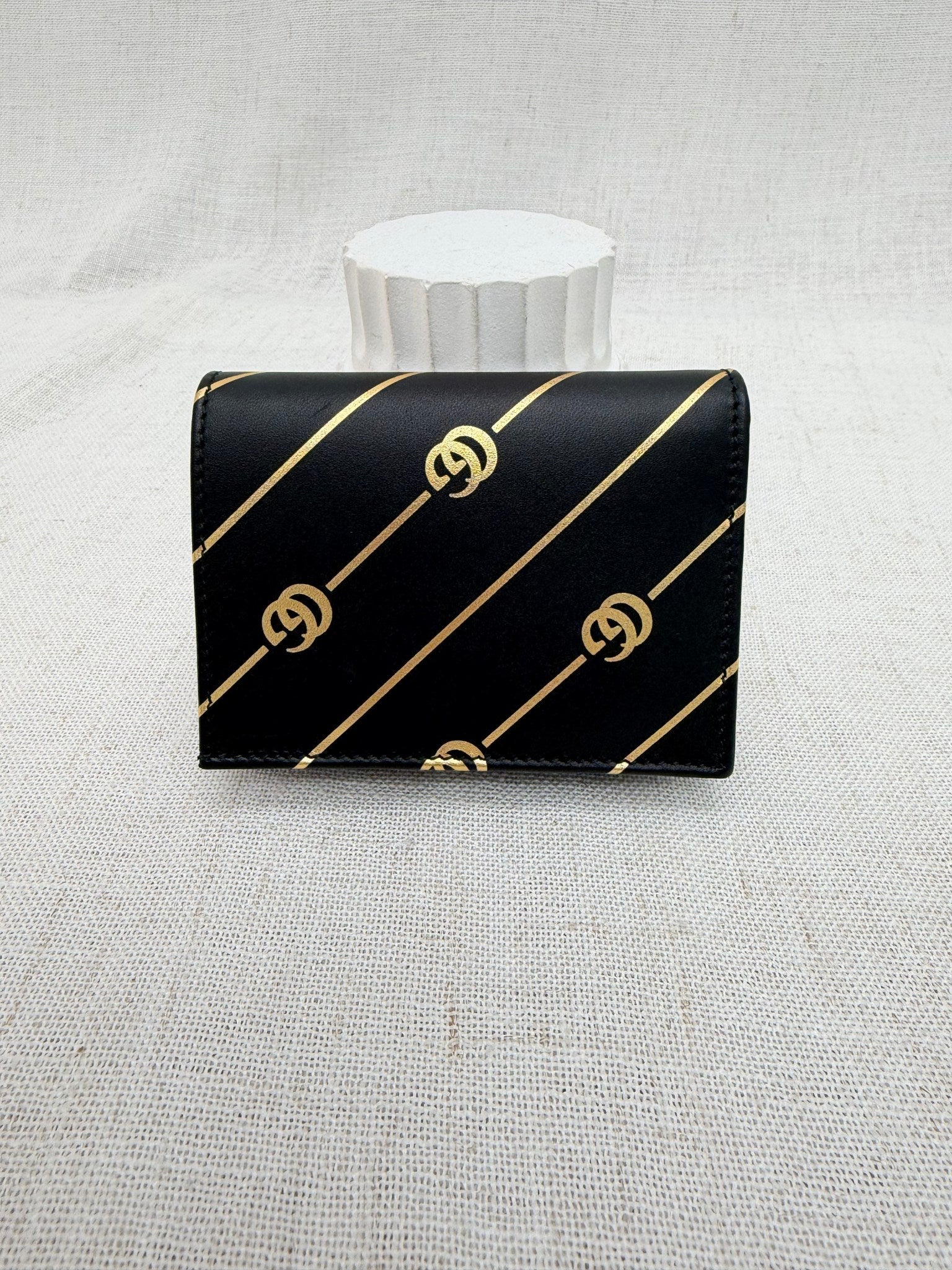 BRAND NEW- Gucci Black & Gold Diagonal GG Calfskin Compact Wallet