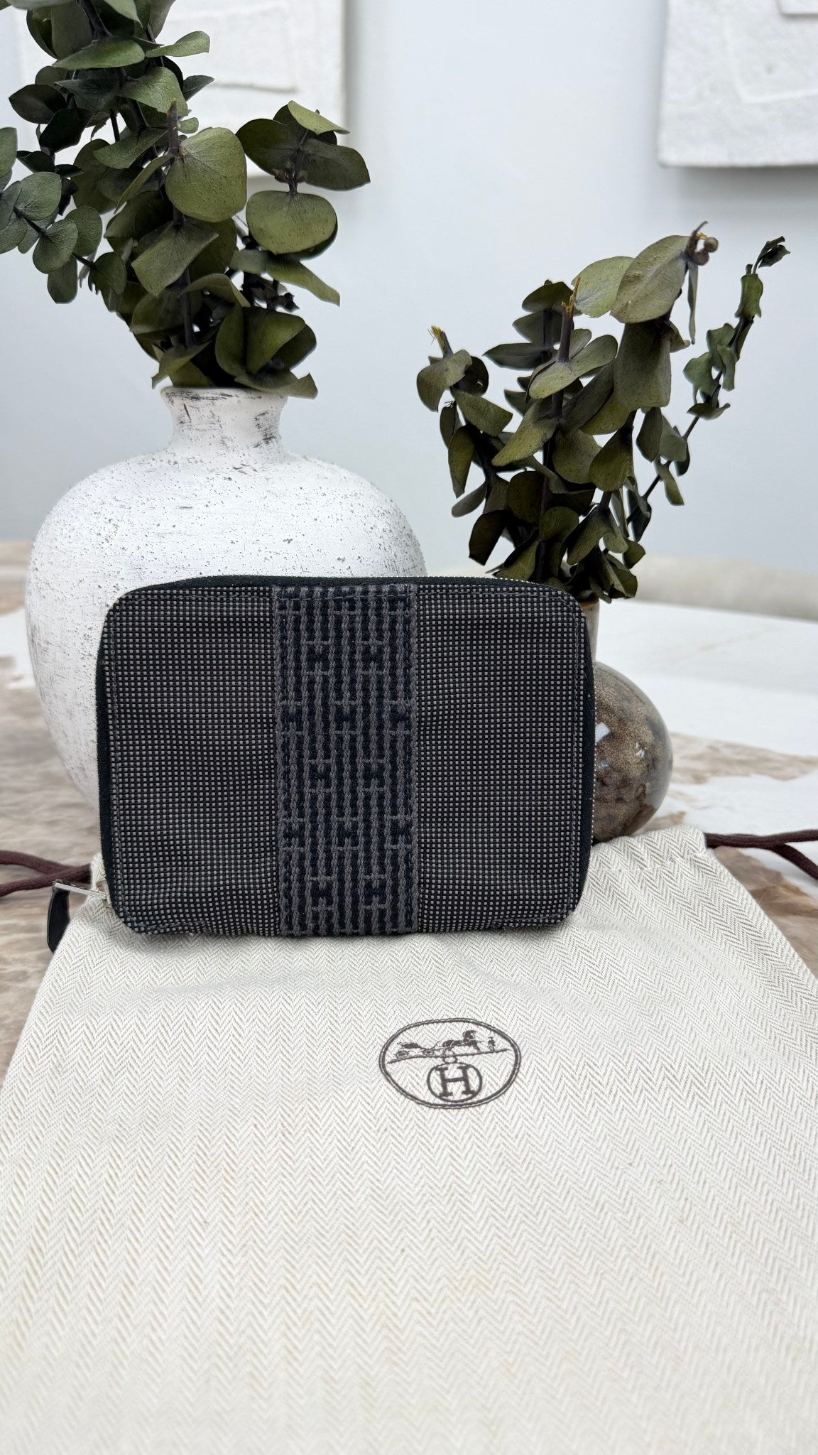 Hermes Grey Canvas Herline Zippy Wallet 