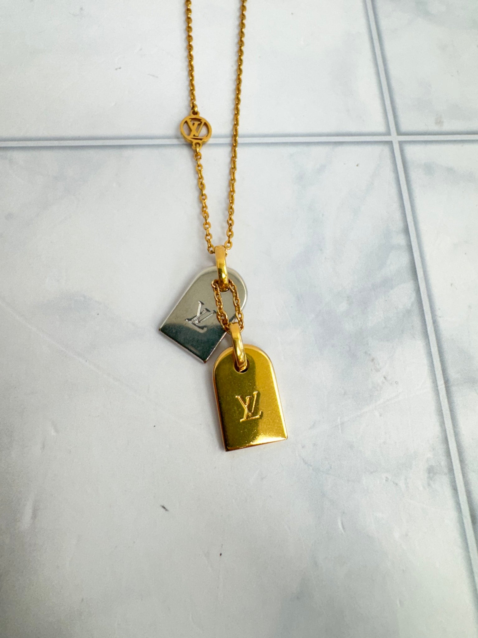 Louis Vuitton Two Tone Nanogram Name Tag Pendant Necklace