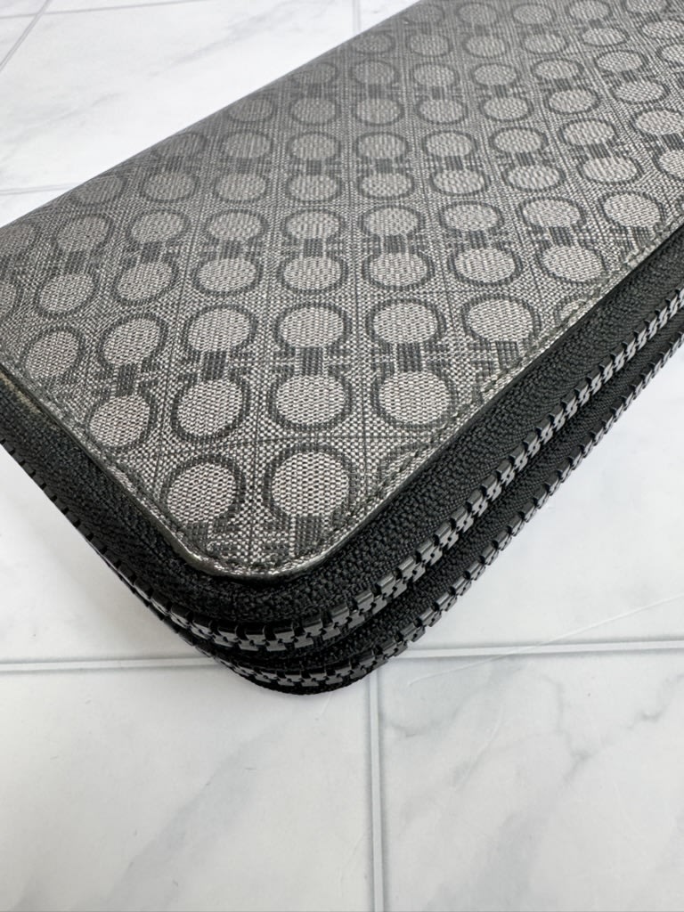 Salvatore Ferrgamo Black And Gray Coated Canvas Double Zippy Wallet