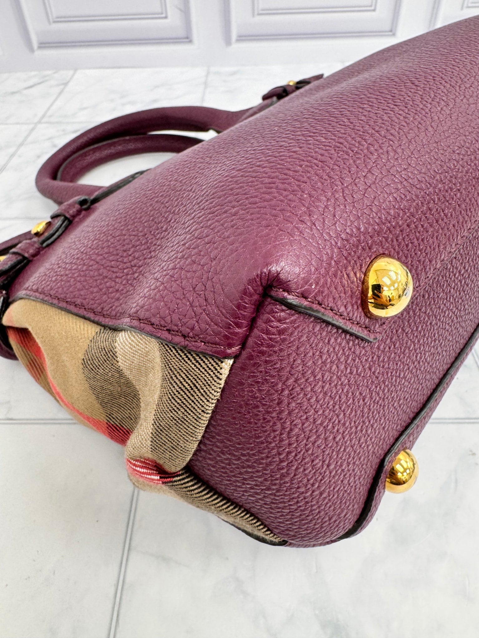 Burberry Maroon Grained Leather Small Tote Bag
