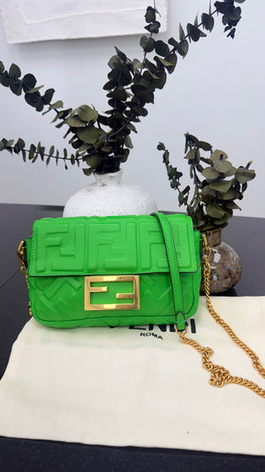 BRAND NEW - Fendi Green Leather Embossed Mini Baguette Chain Crossbody Bag