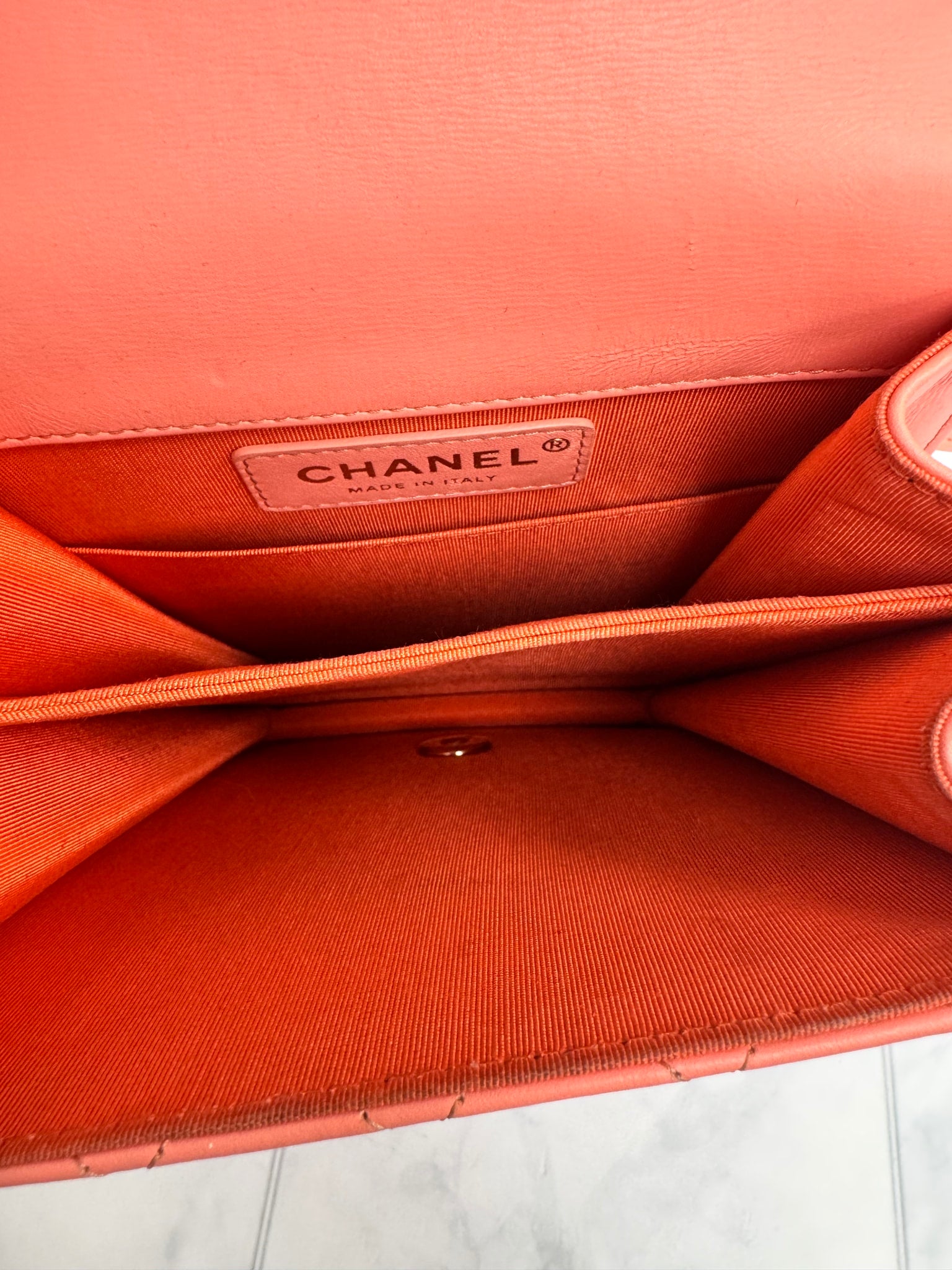 Chanel Coral Quilted Leather North South Boy Flap Bag