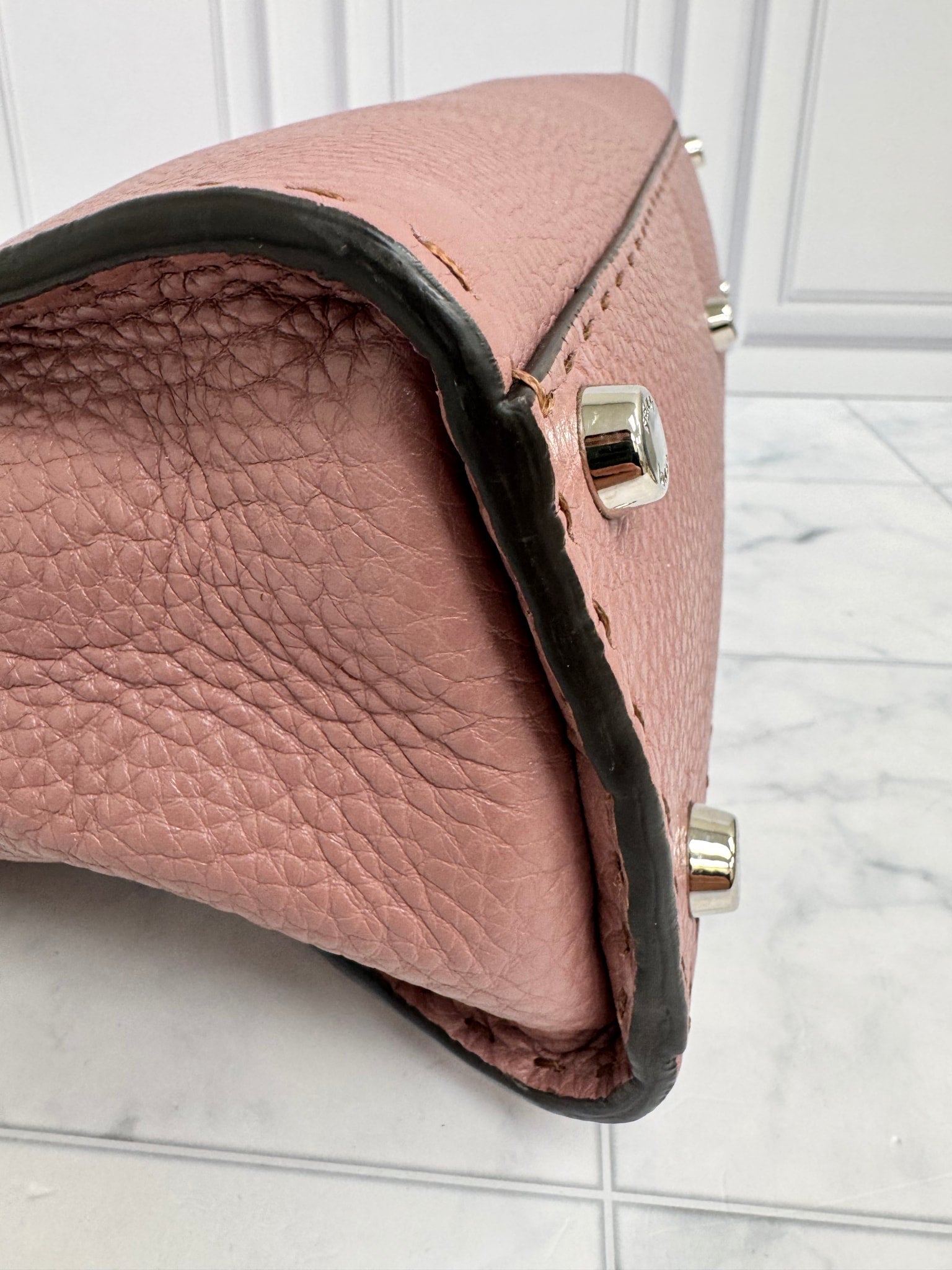 Fendi Dusty Rose Grained Leather Peekaboo Medium 2Way Bag With Flower Strap