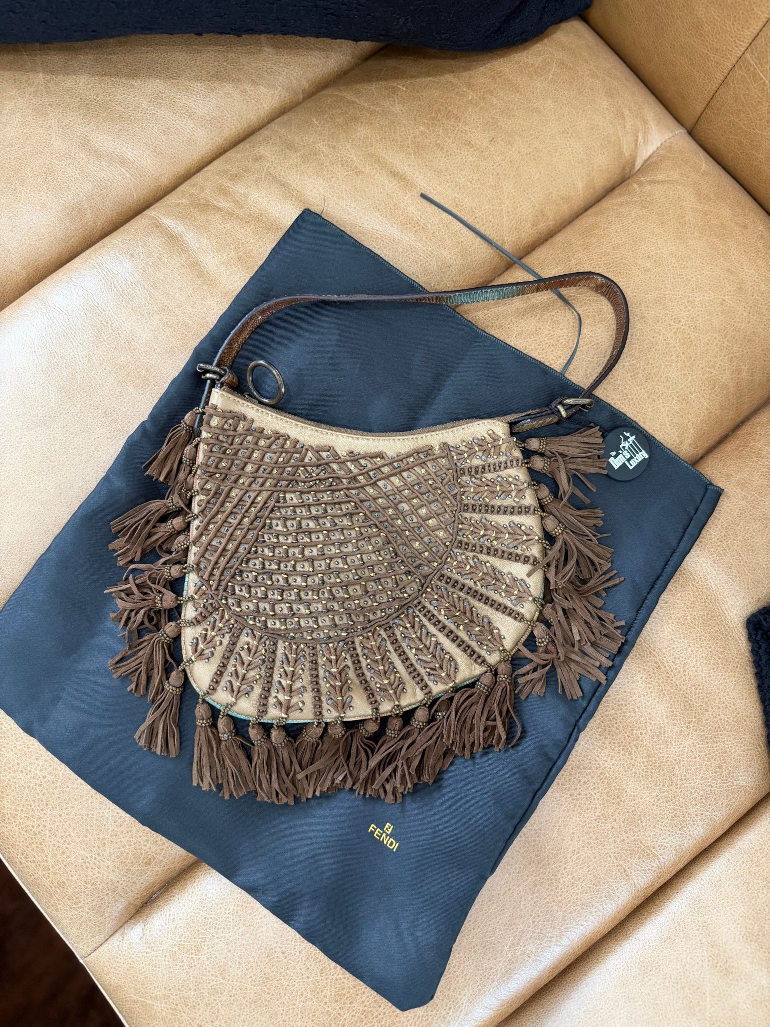 Fendi Brown Suede & Lizard Oyster Beaded Fringe Hobo Bag