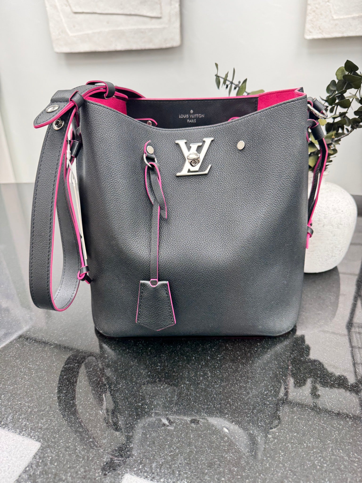Louis Vuitton Black Leather Lock Me Bucket Bag