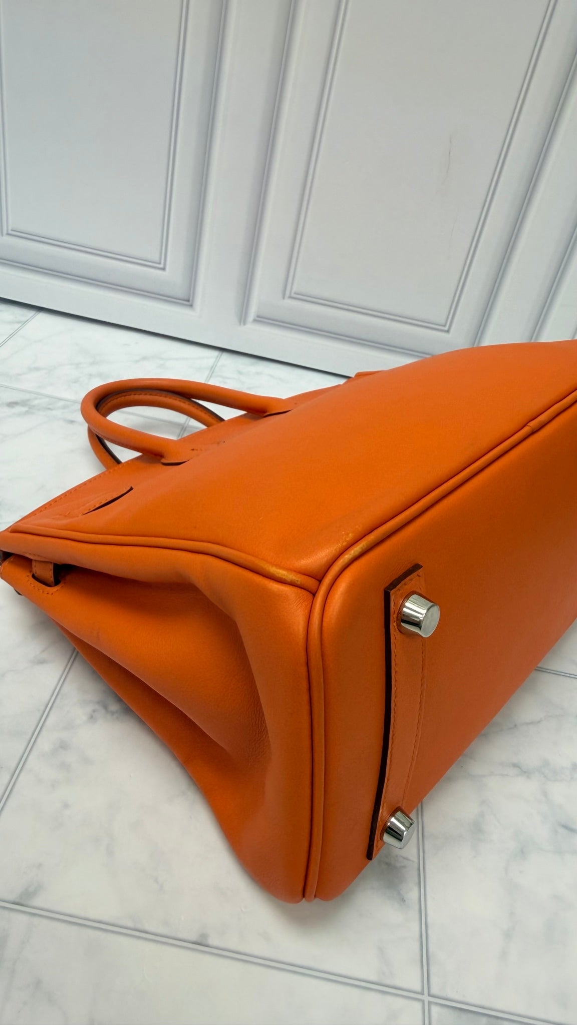 Hermes Orange Swift Leather Birkin 25 with Multicolor Silk Twilly 