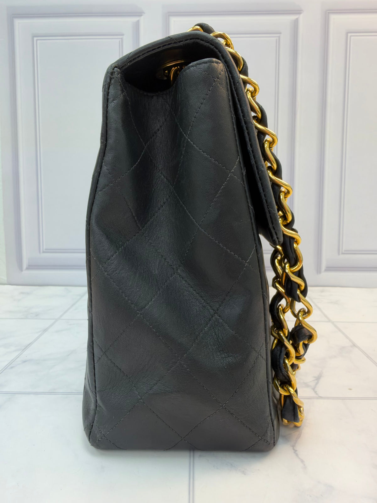 Chanel Black Lambskin And 24K Gold Plated Jumbo XL Maxi Flap Handbag