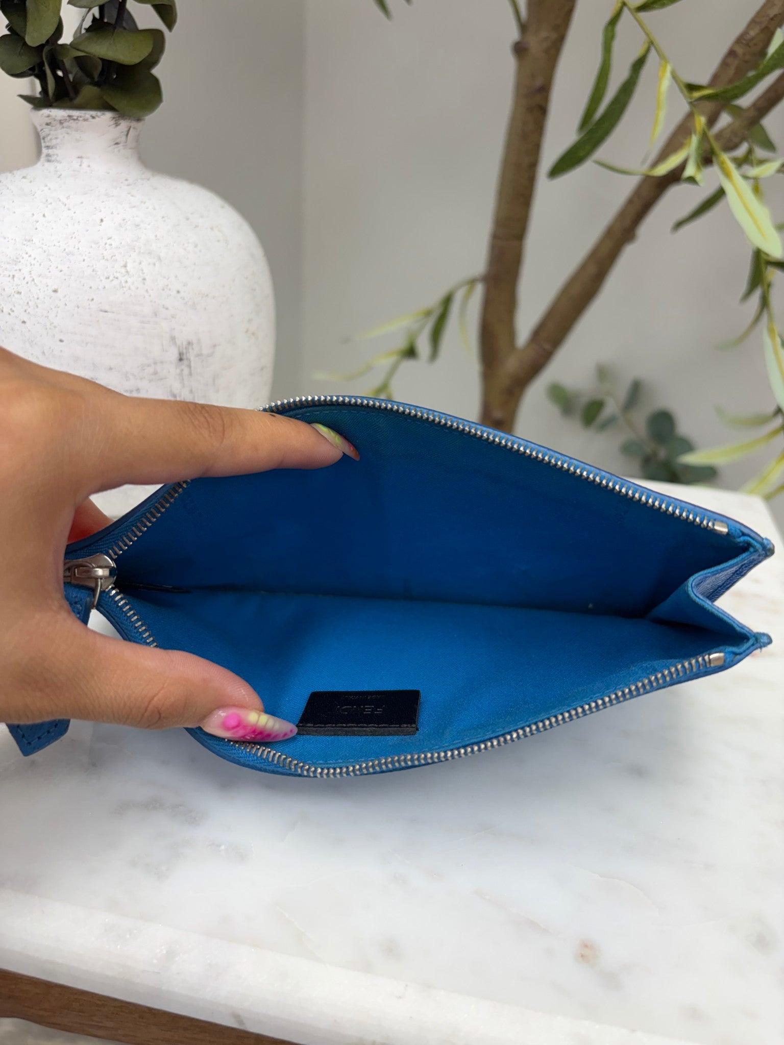 Fendi Blue & Red Leather Crystal Eye Monster Zip Pouch