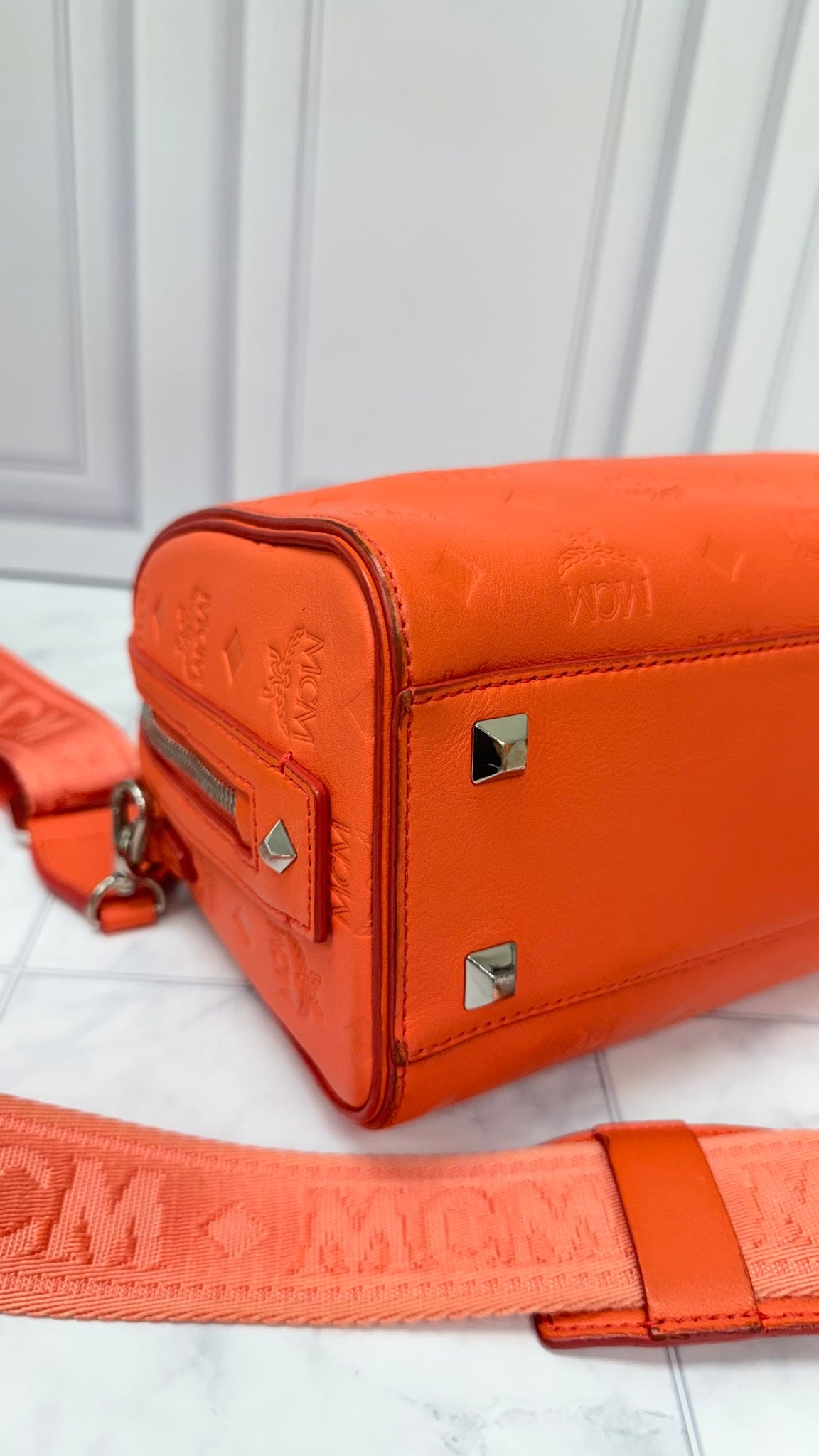 MCM Coral Visetos Leather Boston Bag