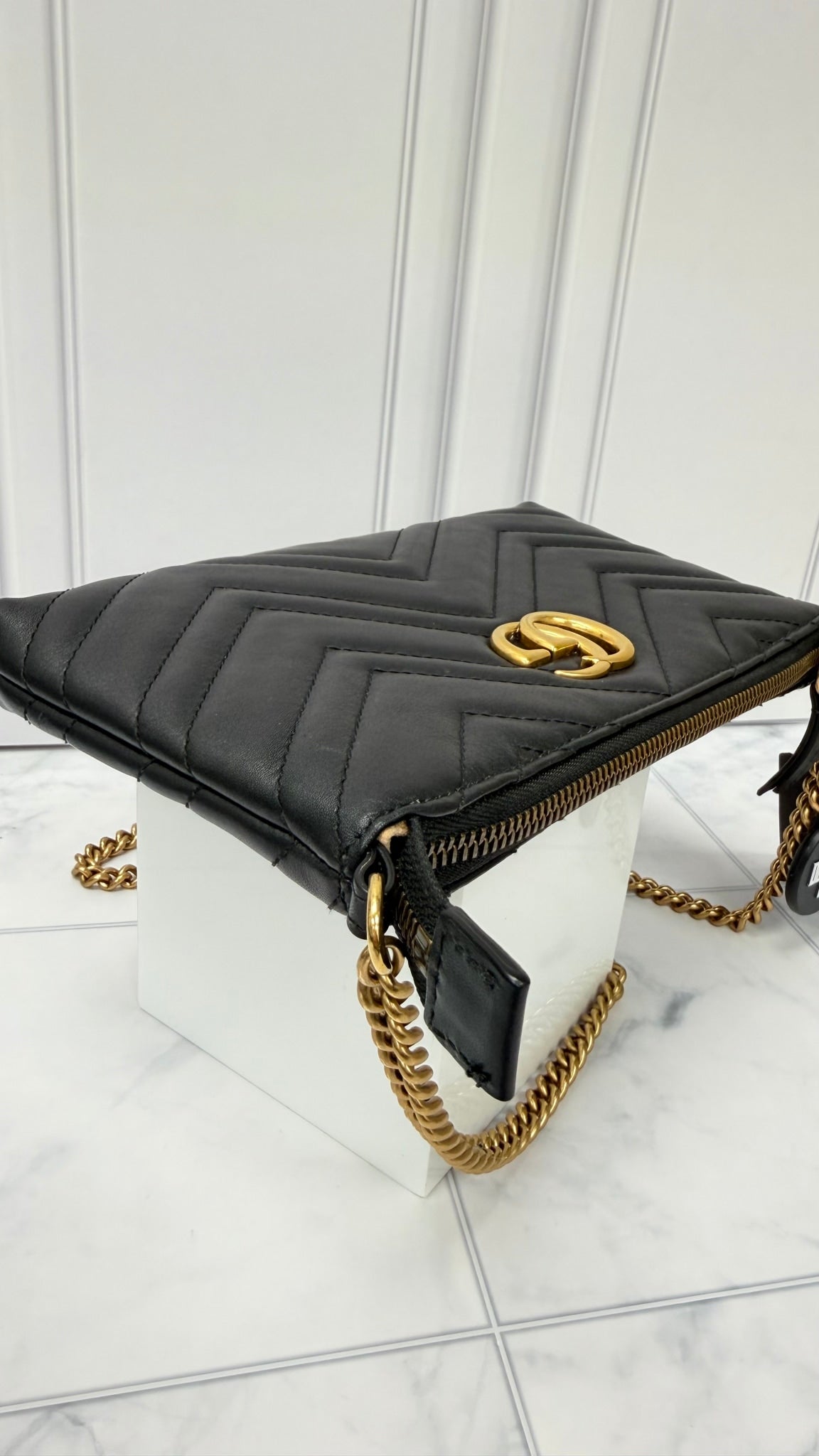 Gucci Black Leather GG Marmont Mini Chain Bag