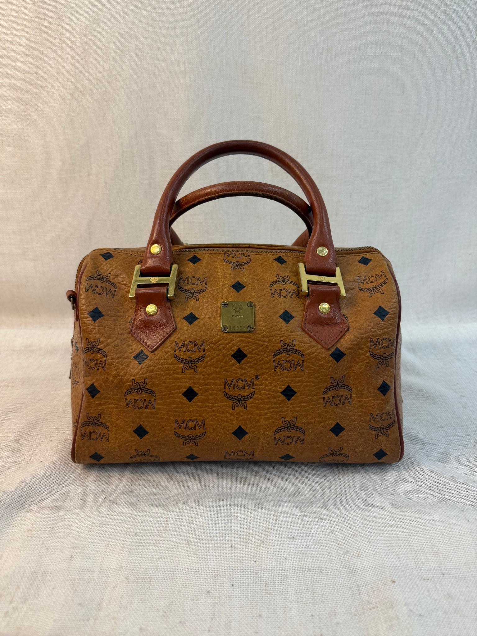 MCM Brown Coated Canvas Boston Bag