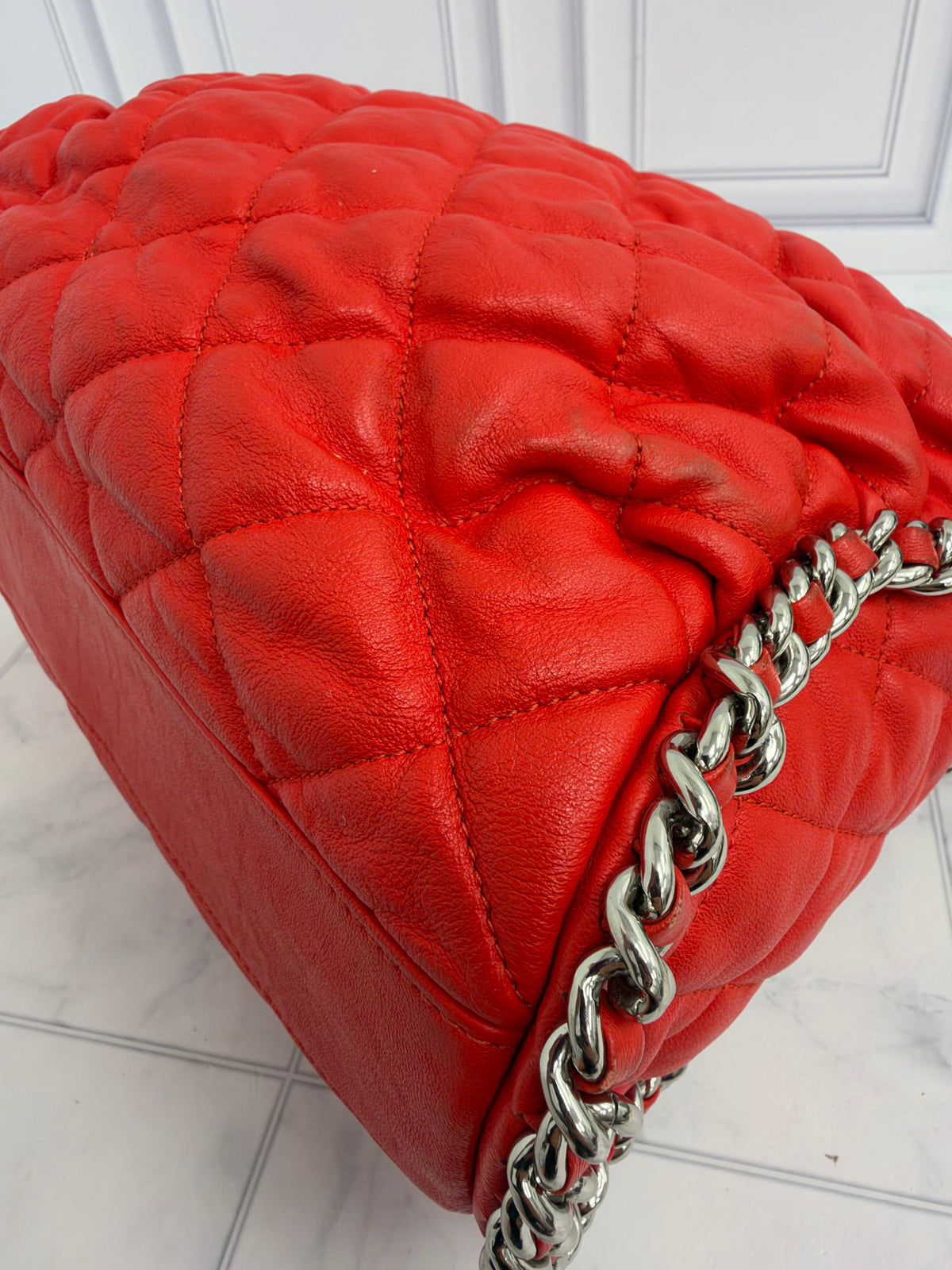 Chanel Red Quilted Washed Lambskin Medium Chain Around Hobo Bag