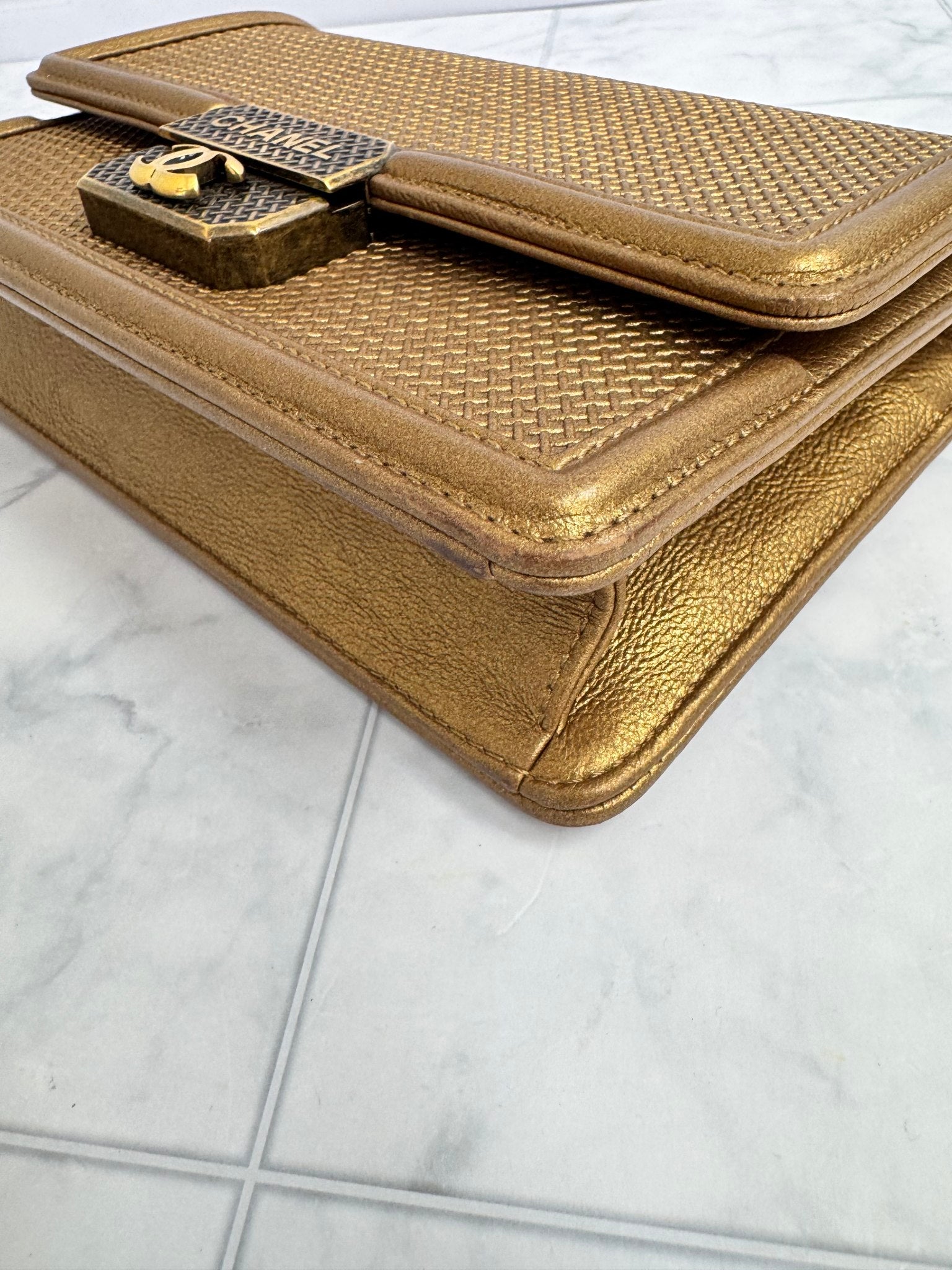 Chanel Gold Woven Texture Small Boy Flap Bag