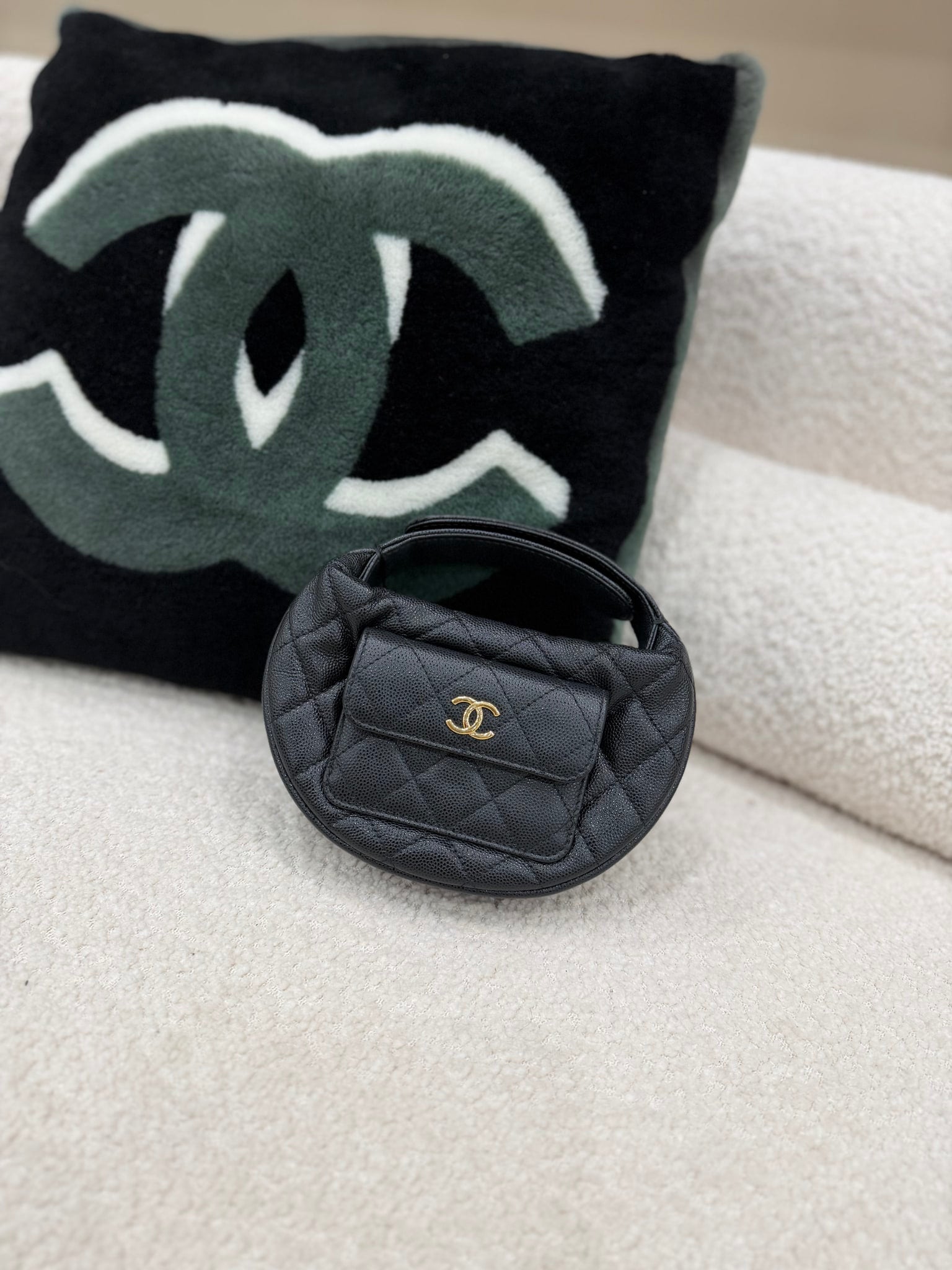 Chanel Black Caviar Leather Mini Round Polly Pocket Bag