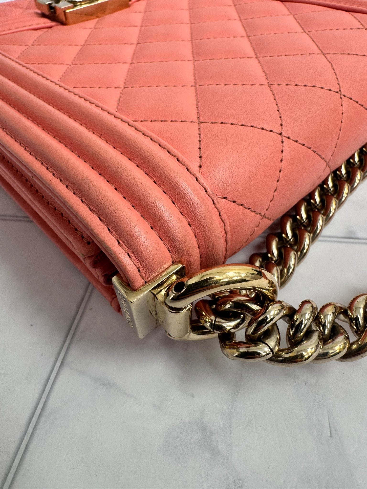 Chanel Coral Quilted Leather North South Boy Flap Bag