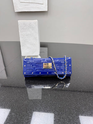 Versace Blue Quilted Patent Leather Flap Chain Shoulder Bag