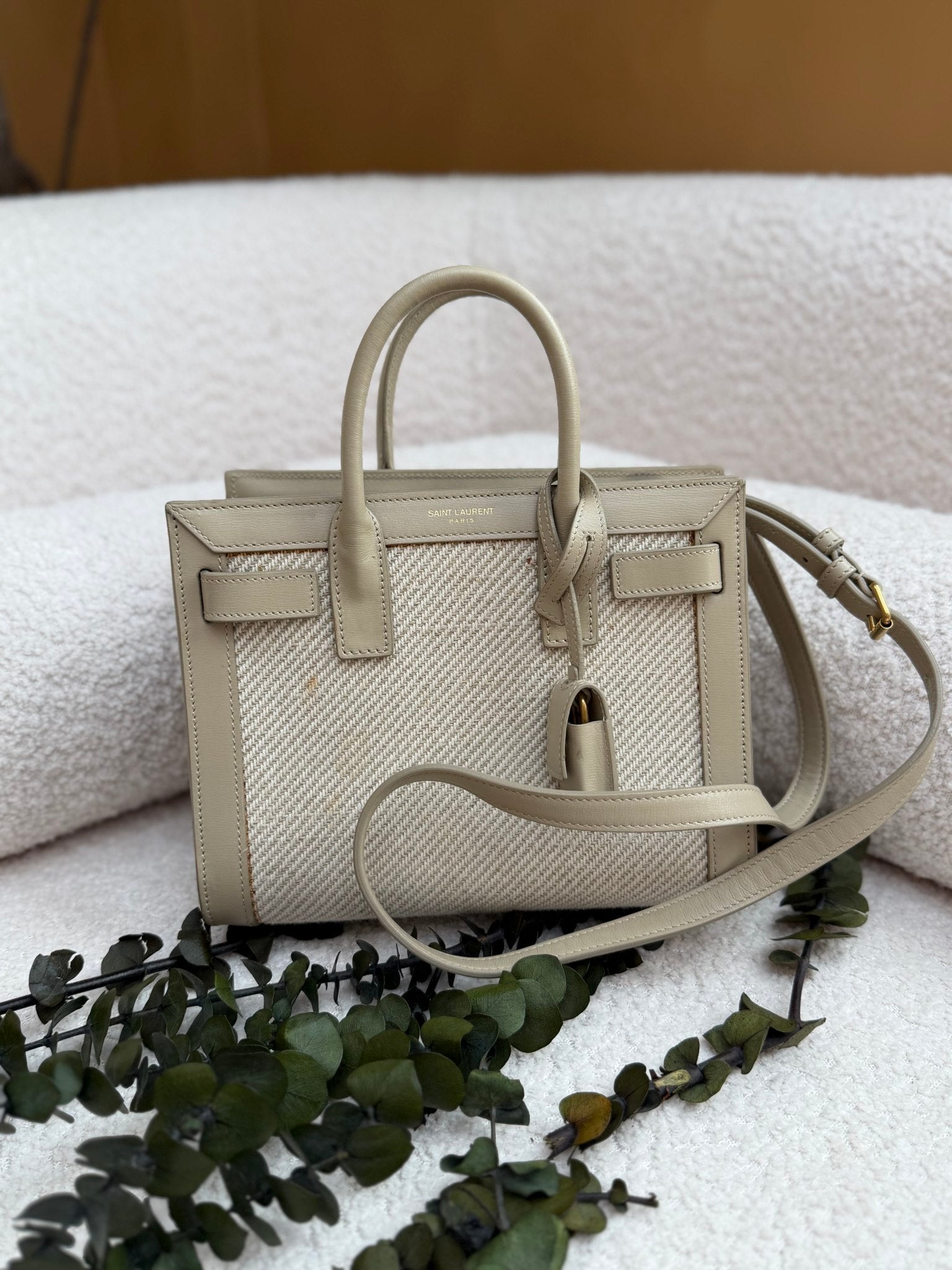 Saint Laurent YSL Beige Canvas x Leather Sac De Jour 2Way Bag