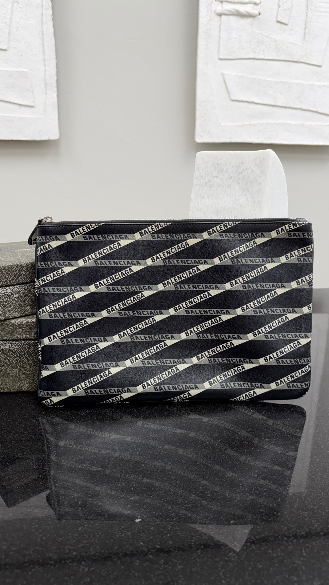 Balenciaga Black & White Printed Stripes Leather Zipper Pouch