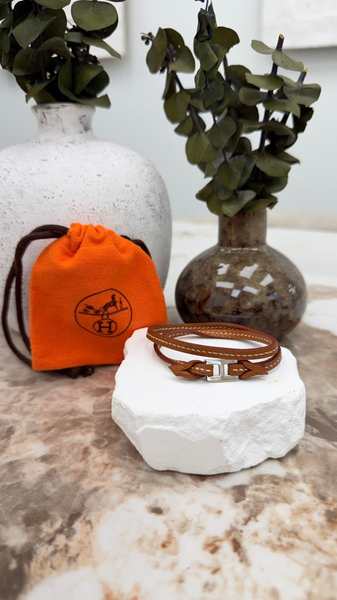 Hermes Brown Leather Double Wrap H Clasp Bracelet 