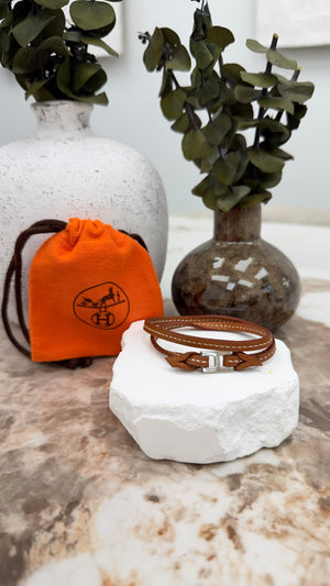 Hermes Brown Leather Double Wrap H Clasp Bracelet