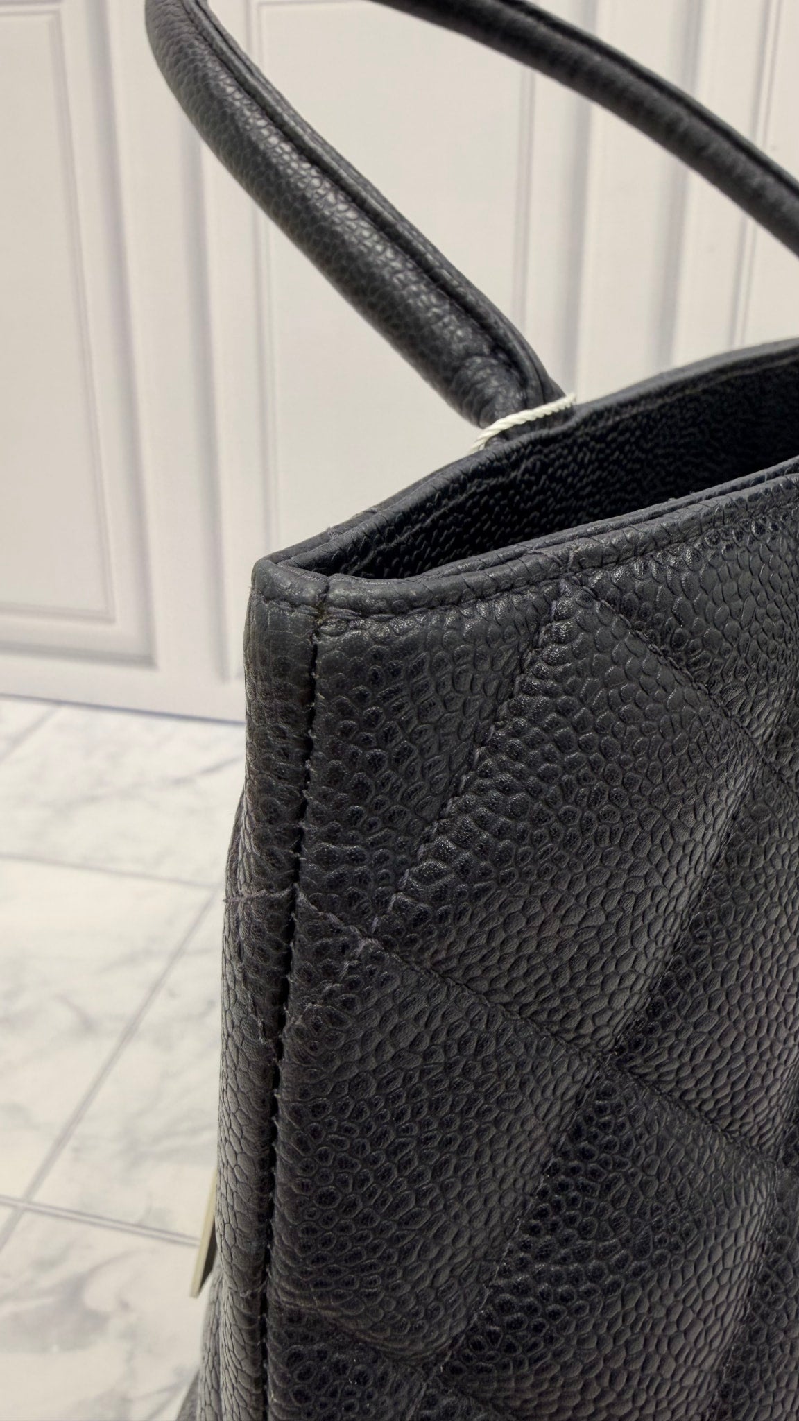 Chanel Navy Quilted Caviar Leather Medallion Tote Bag