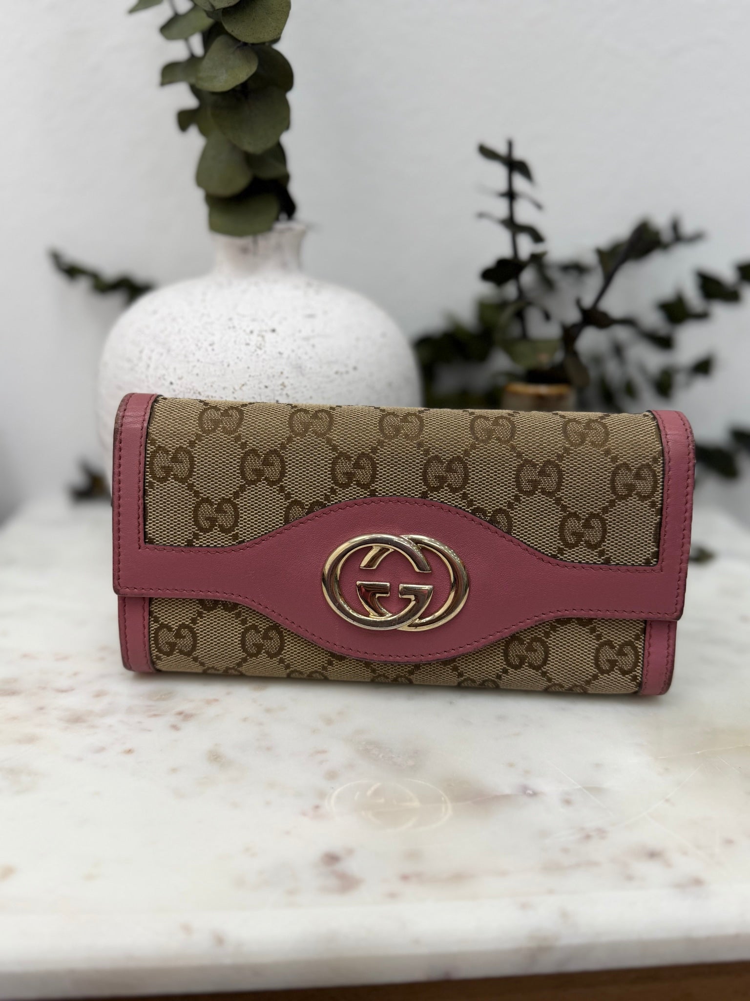 Gucci GG Canvas & Pink Leather Interlocking G Long Wallet