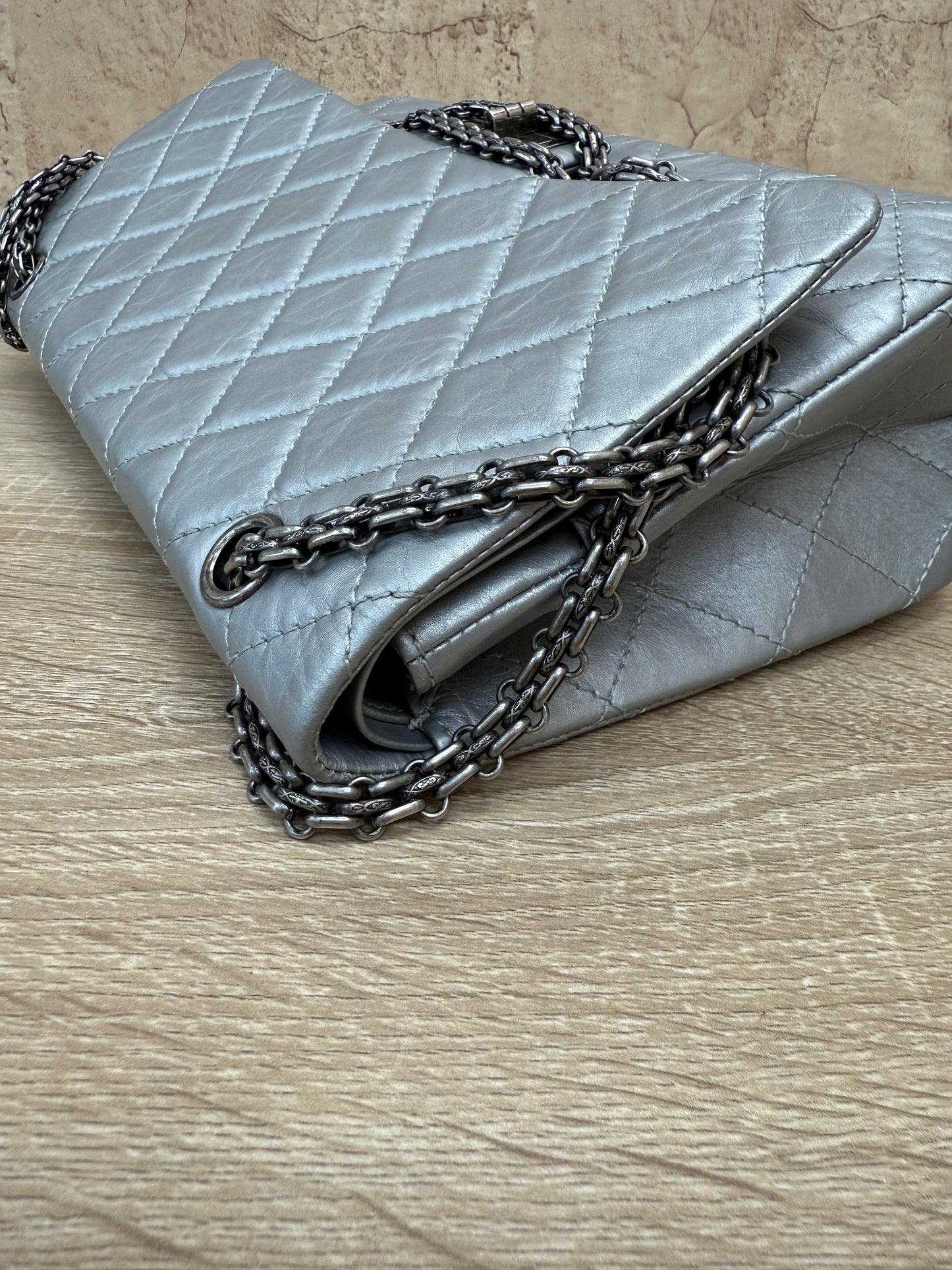 Chanel Silver Metallic Aged Calfskin Quilted 2.55 Reissue 227 Double Flap Bag