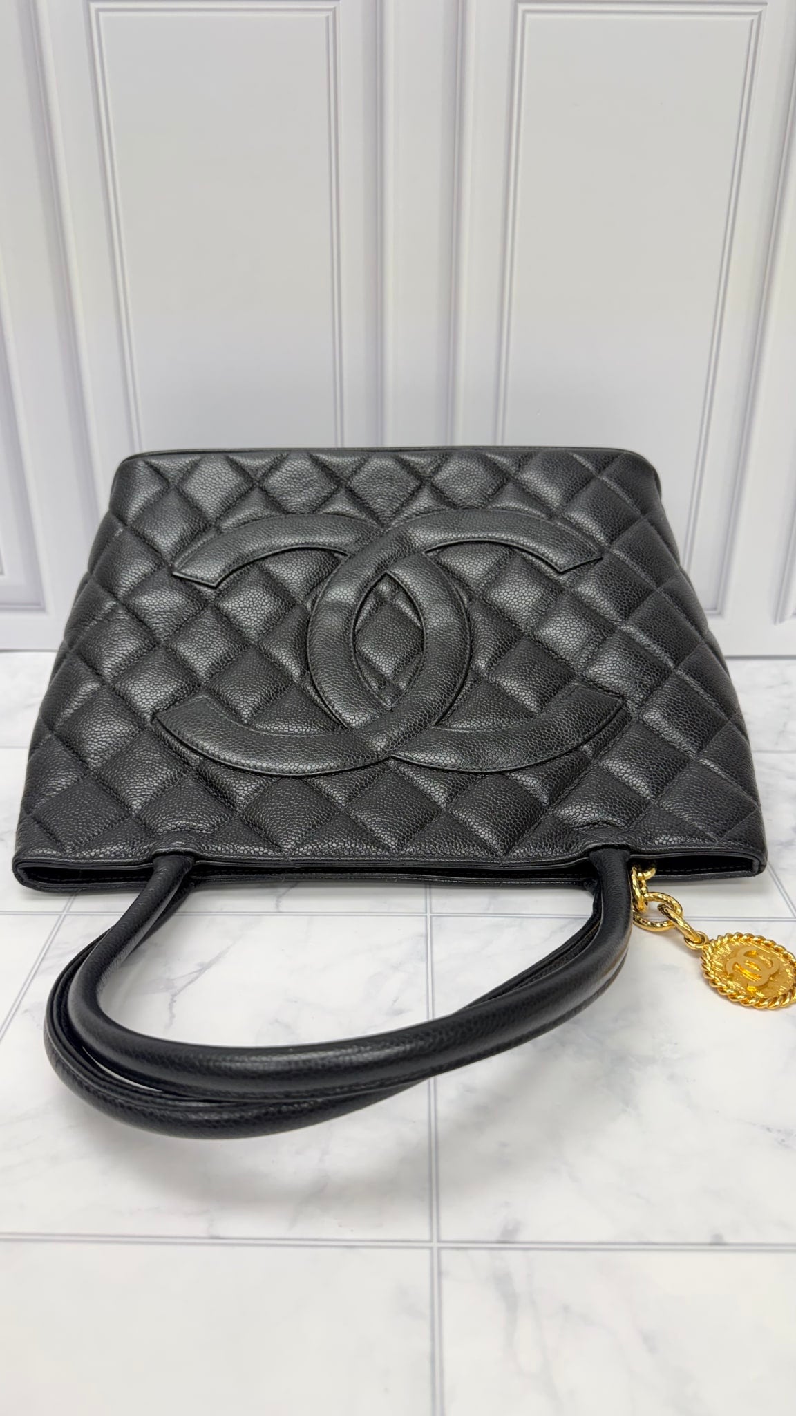Chanel Black Caviar Leather Medallion Tote Bag 