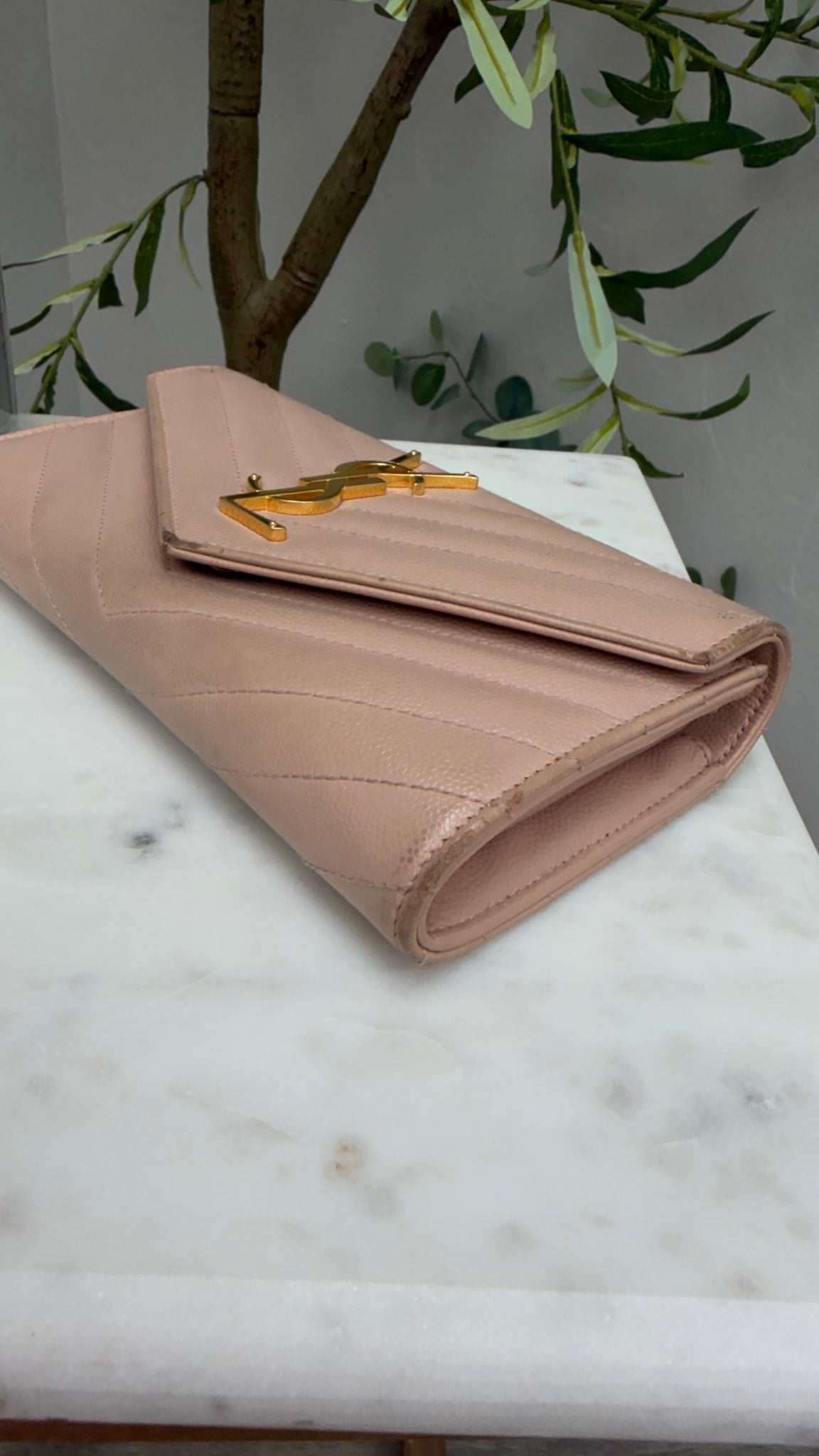 Saint Laurent YSL Dusty Pink Pebbled Leather Cassandre Long Wallet