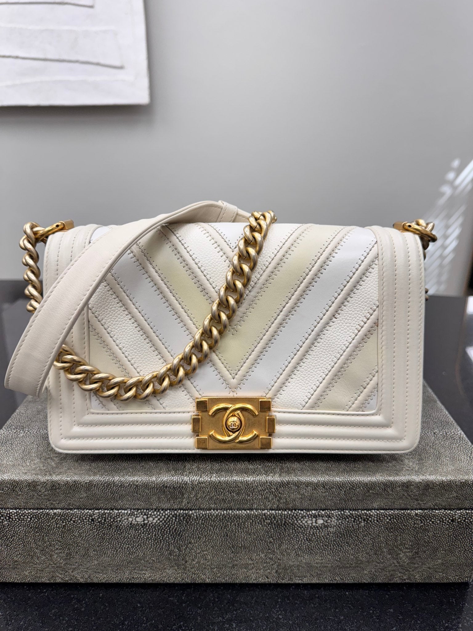 Chanel Ivory Chevron Mix Medium Boy Flap Bag 