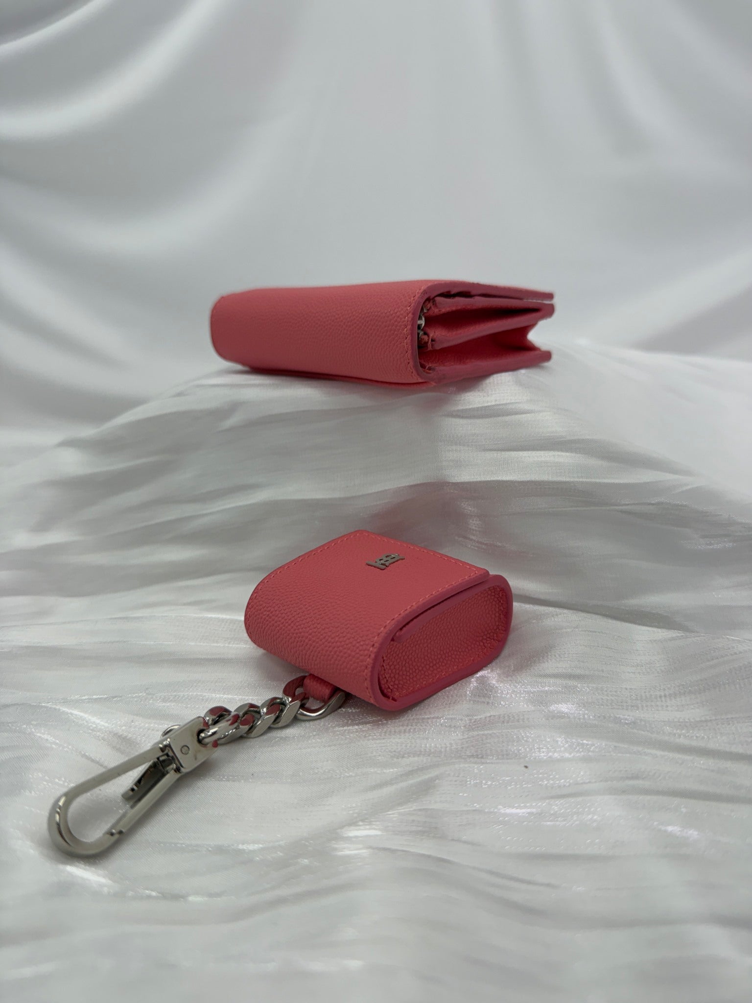 Burberry Pink Pebbled Leather Compact Wallet on a Chain & Airpod Case 