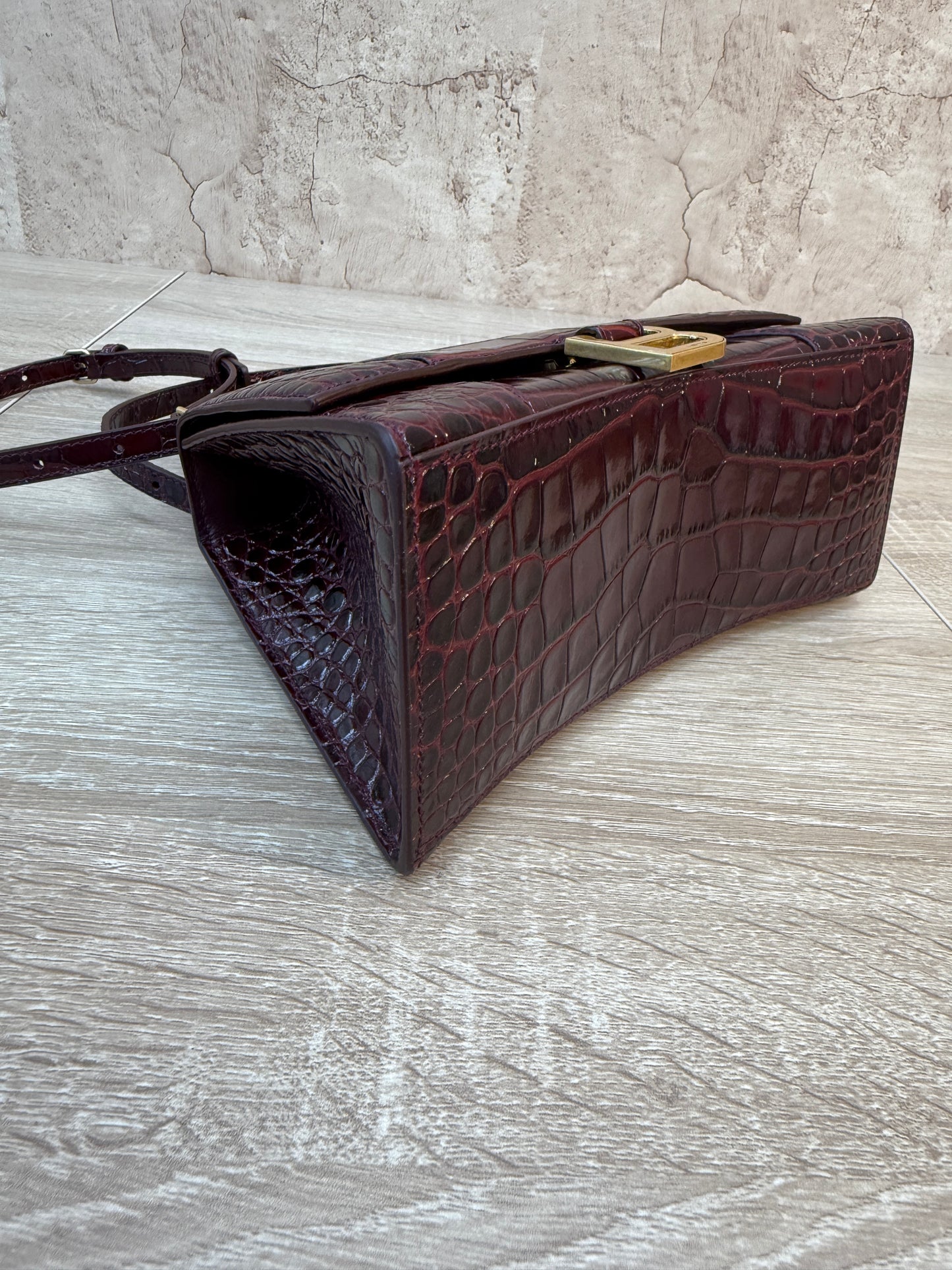 Balenciaga Burgundy Croc Embossed Small Hourglass Top Handle Bag