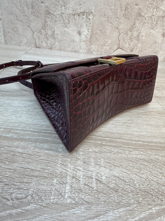 Balenciaga Burgundy Croc Embossed Small Hourglass Top Handle Bag