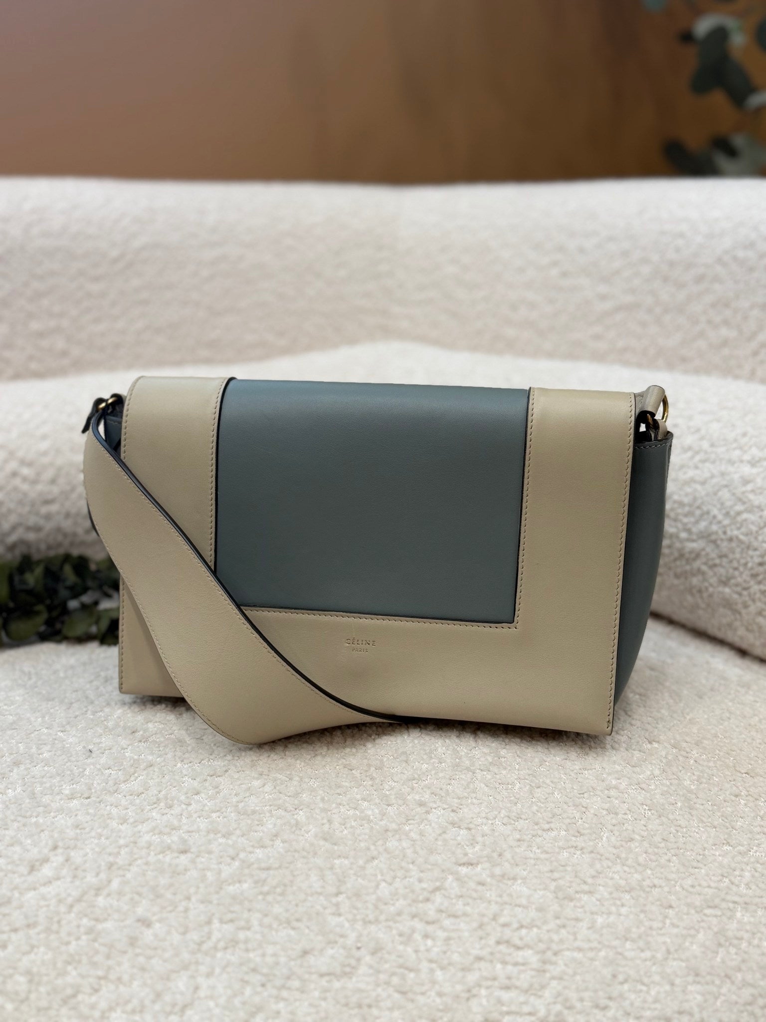 Celine Beige And Gray Leather Frame Shoulder Bag