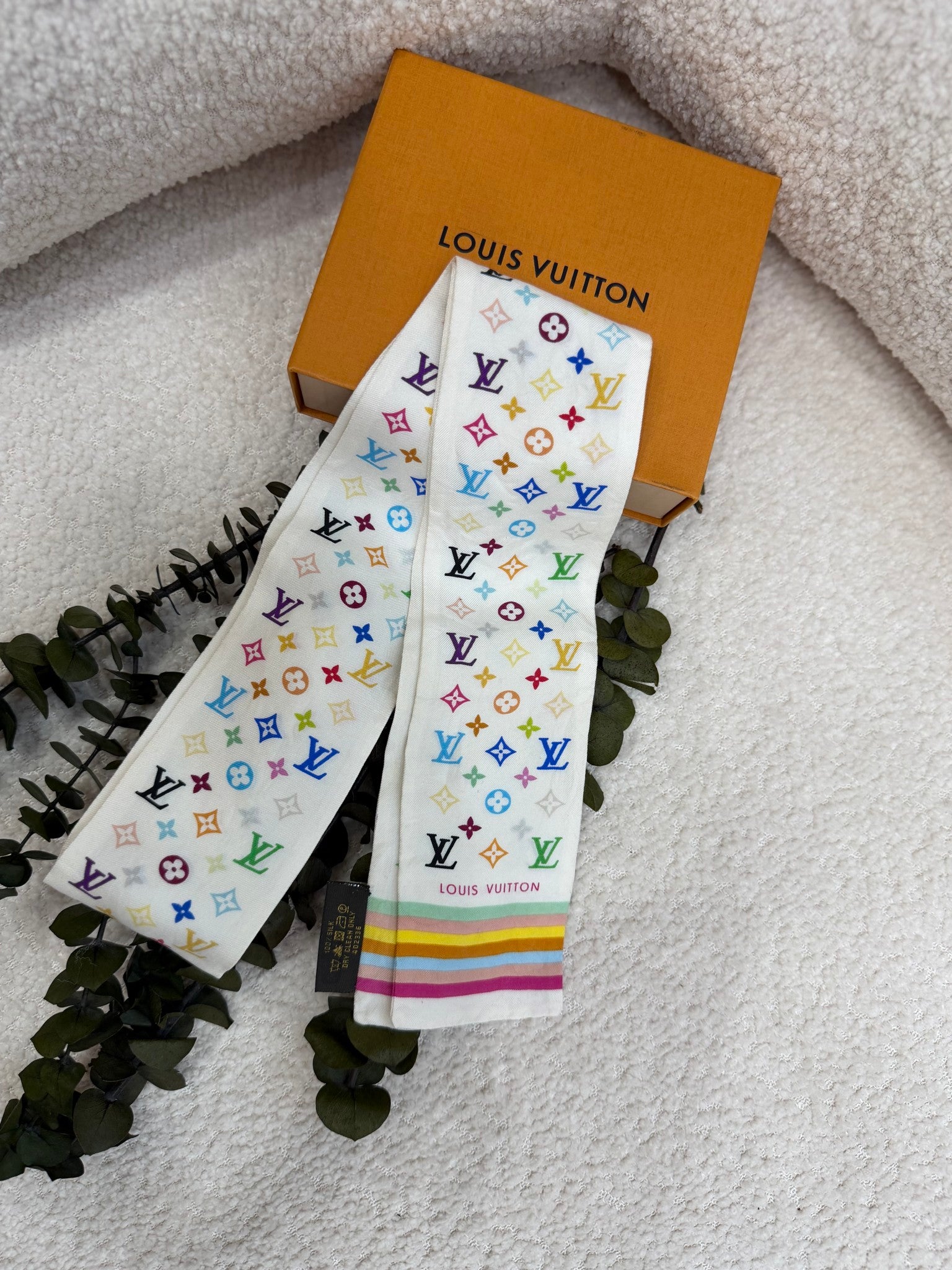 Louis Vuitton White Multicolore Monogram  Silk Twilly