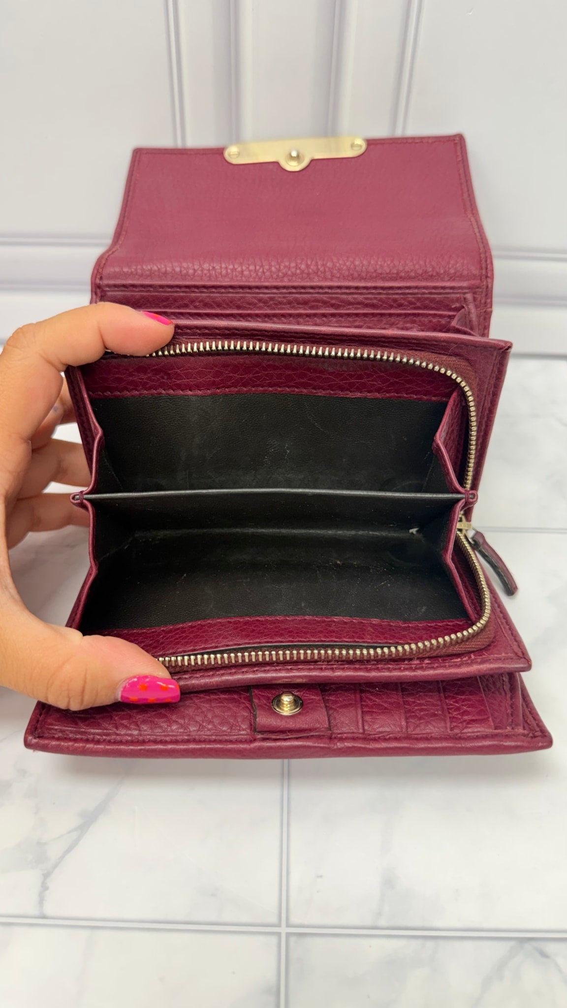 Gucci Burgundy Grained Leather Bamboo Trifold Wallet 