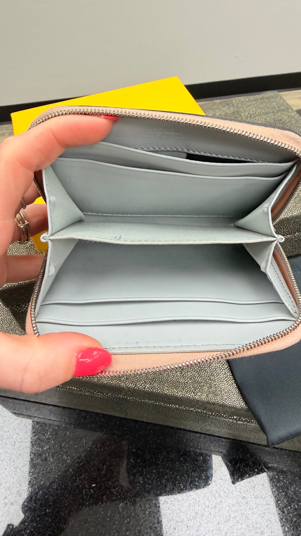 Fendi Coral & Grey Leather Studded Monster Compact Zippy Wallet 