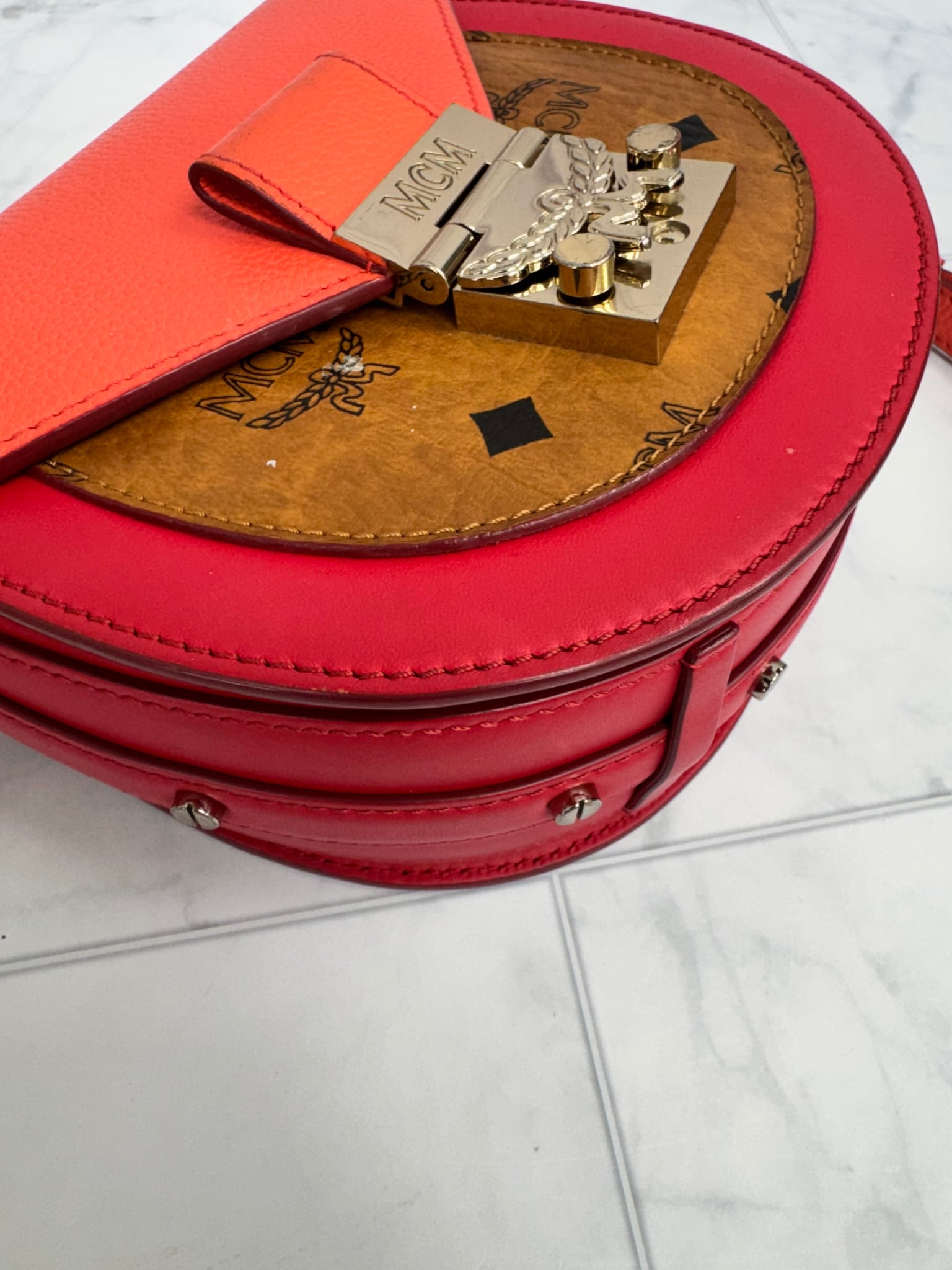 MCM Coral And Red Leather Crossbody Bag