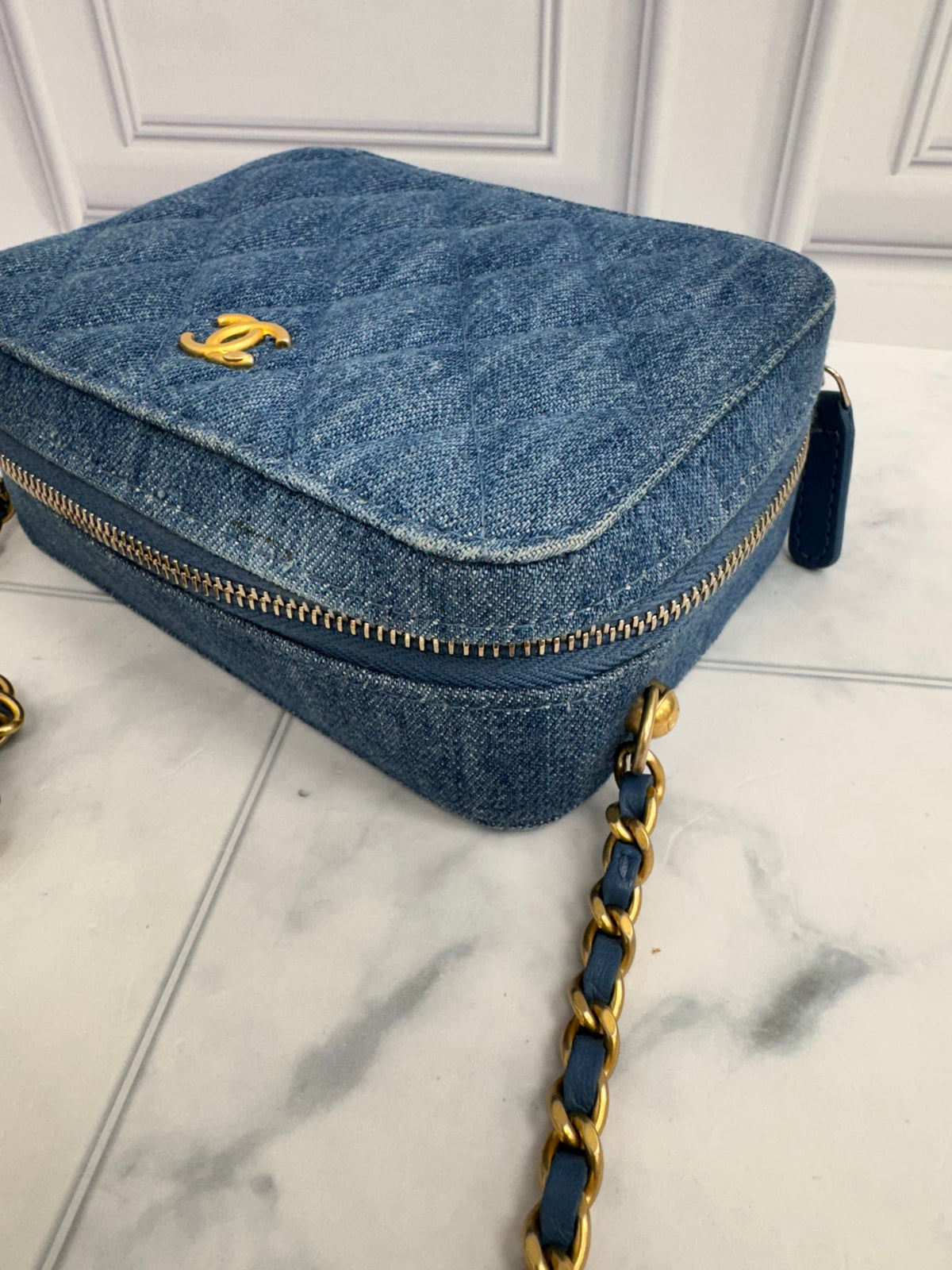 Chanel Quilted Denim Pearl Crush Mini Camera Bag 