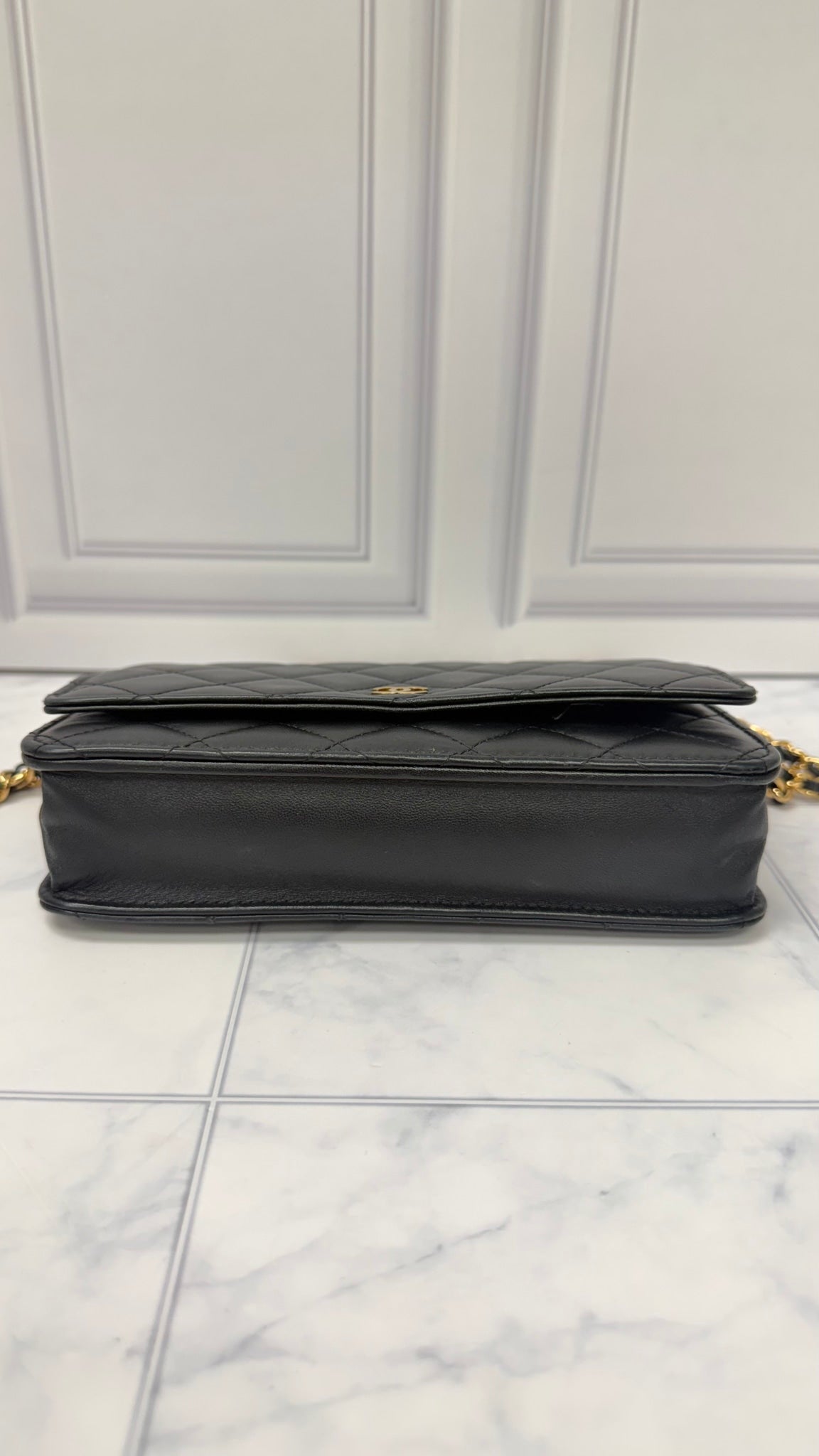 Chanel Black Lambskin Leather Wallet On A Chain