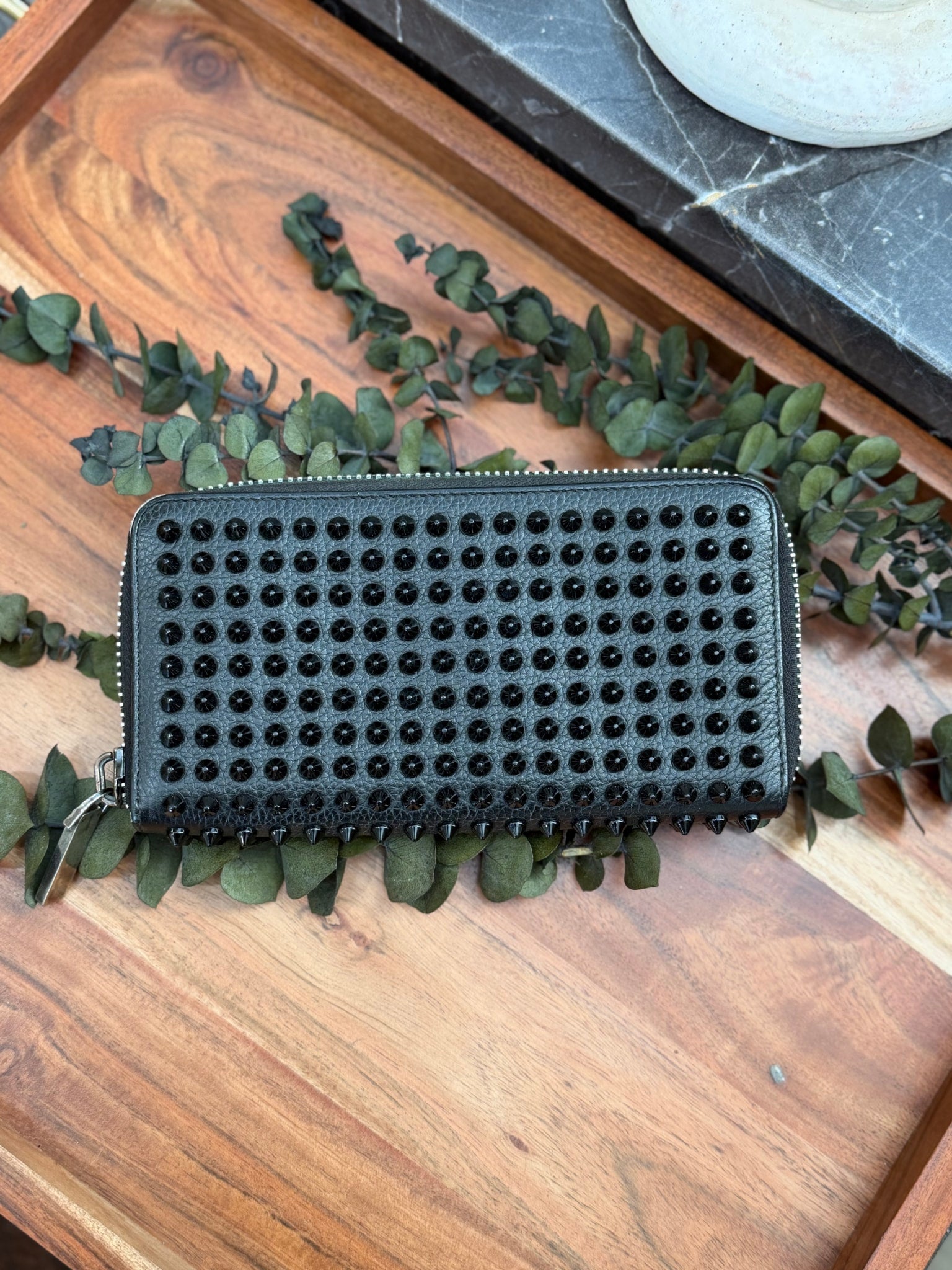 Christian Louboutin Black Leather Spiked Zippy Wallet