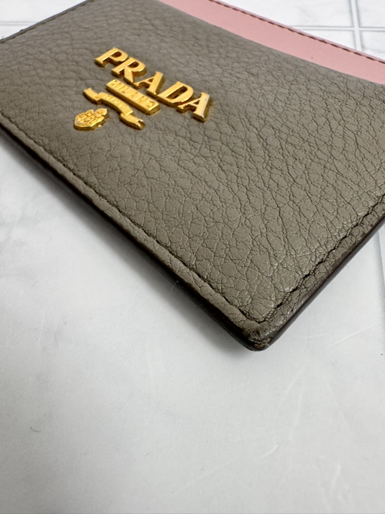 Prada Grey And Pink Grained Leather Card Holder