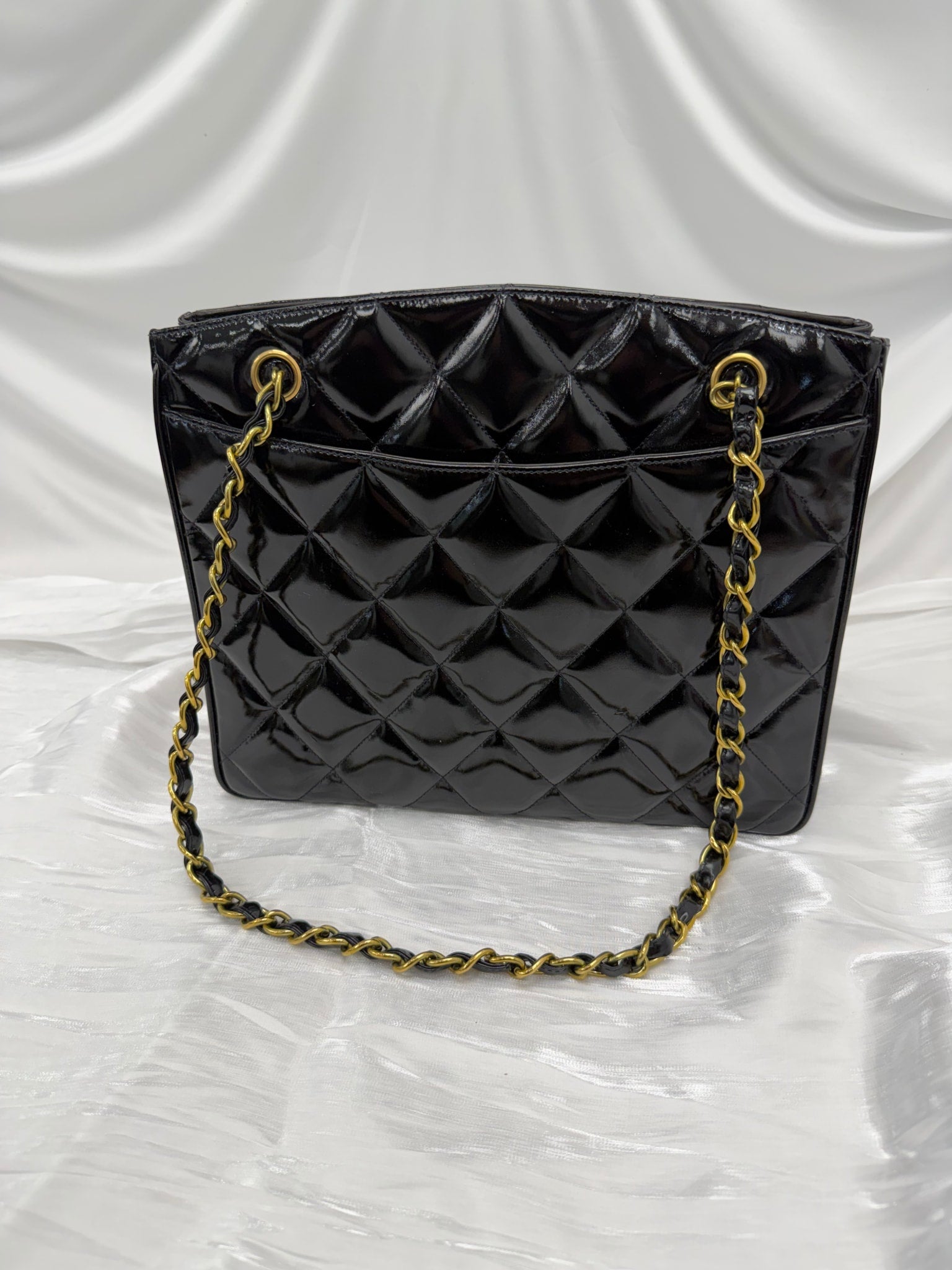 Chanel Black Patent Leather 24K XL Turnlock Chain Tote
