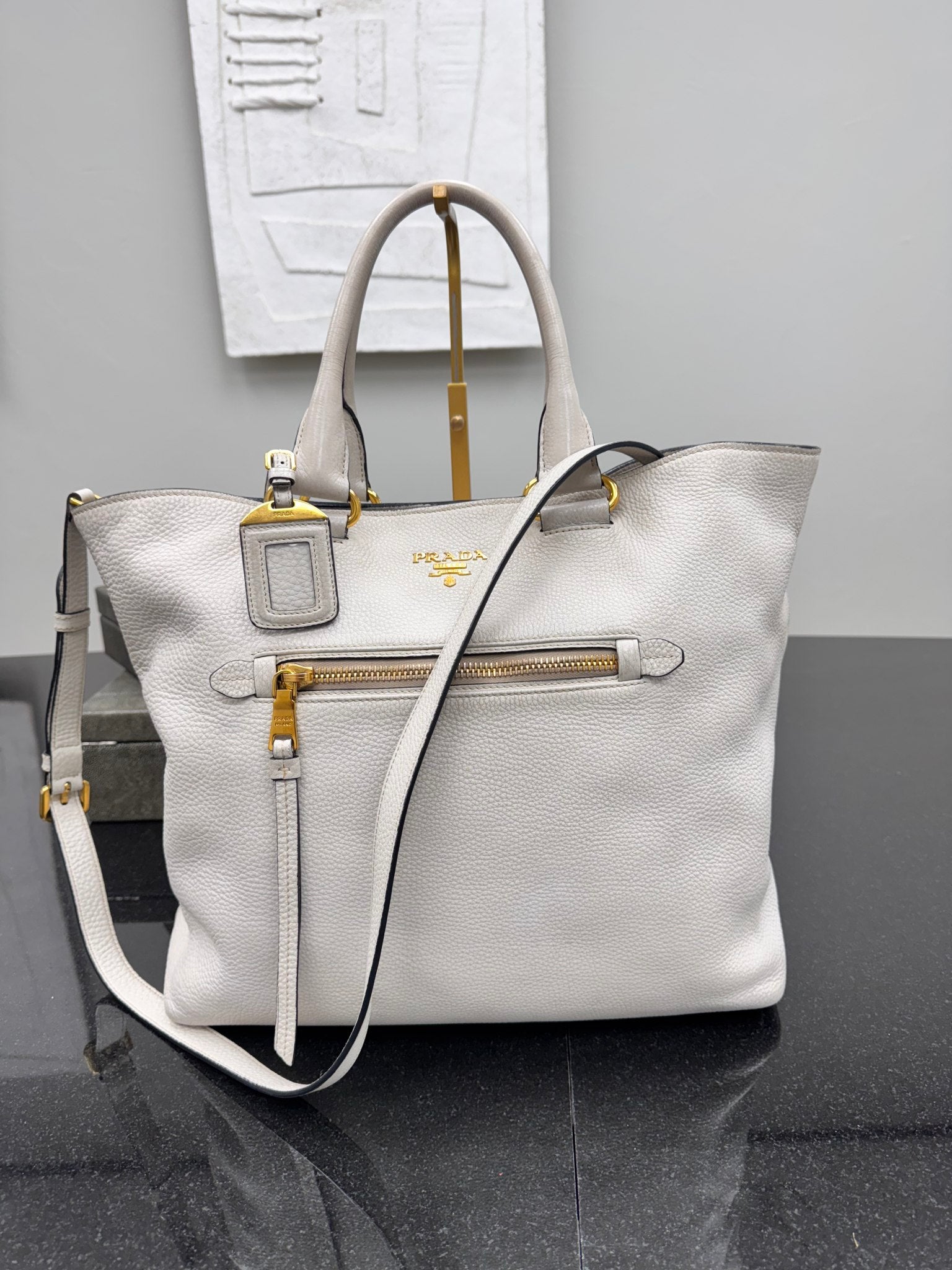 Prada Ivory Pebbled Leather Large 2 Way Bag