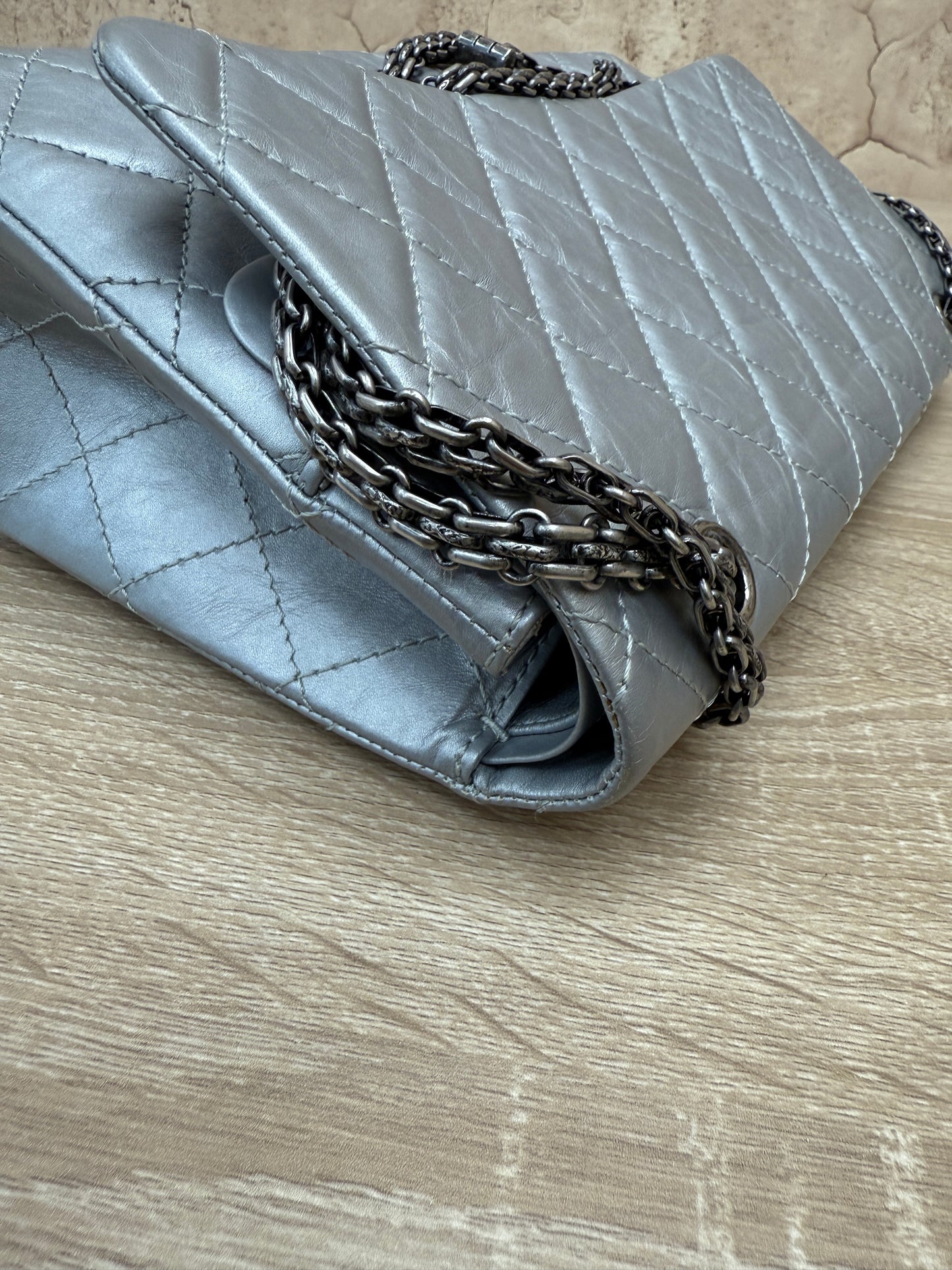 Chanel Silver Metallic Aged Calfskin Quilted 2.55 Reissue 227 Double Flap Bag