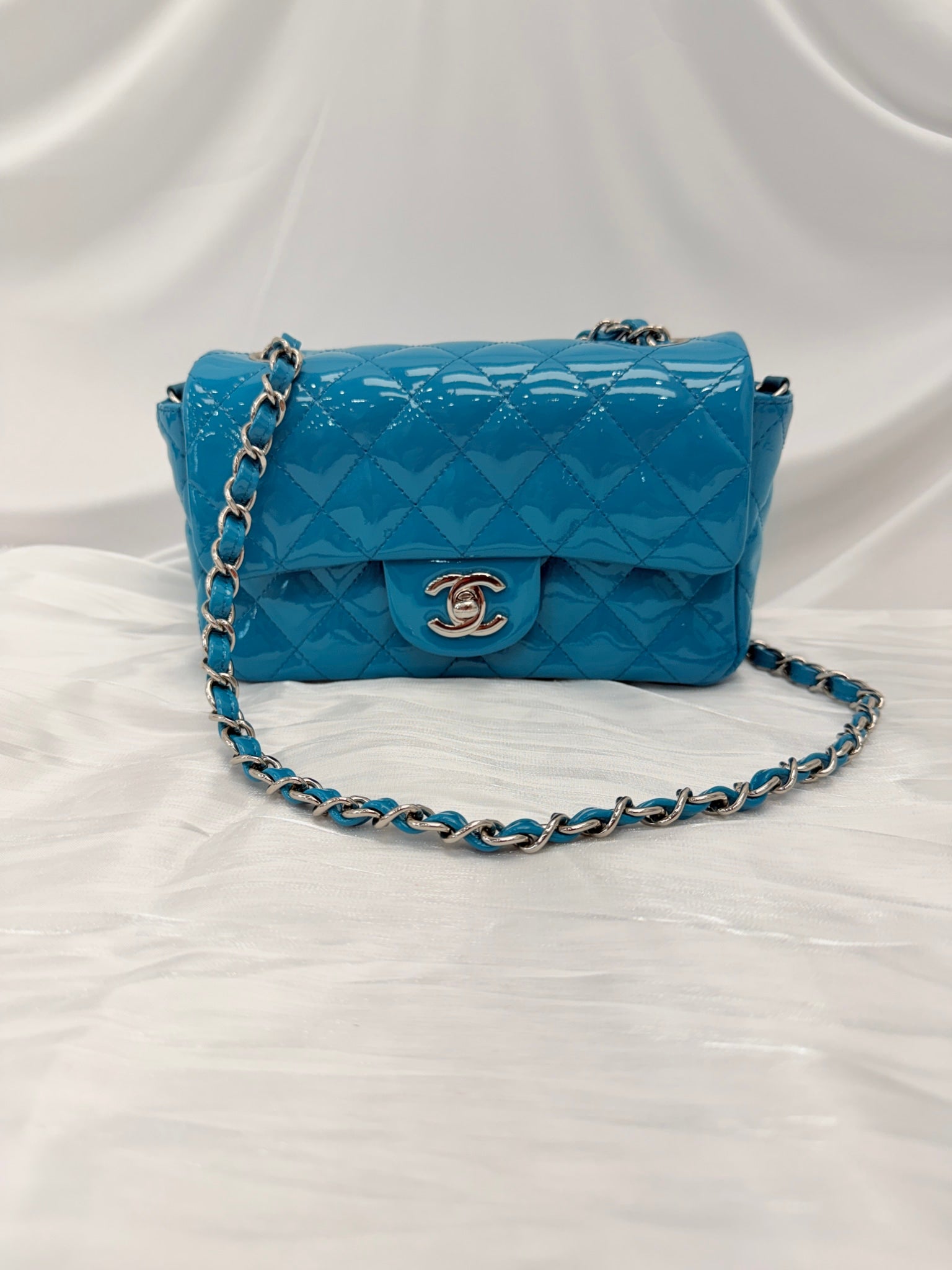 Chanel Teal Quilted Patent Leather Mini Flap Bag