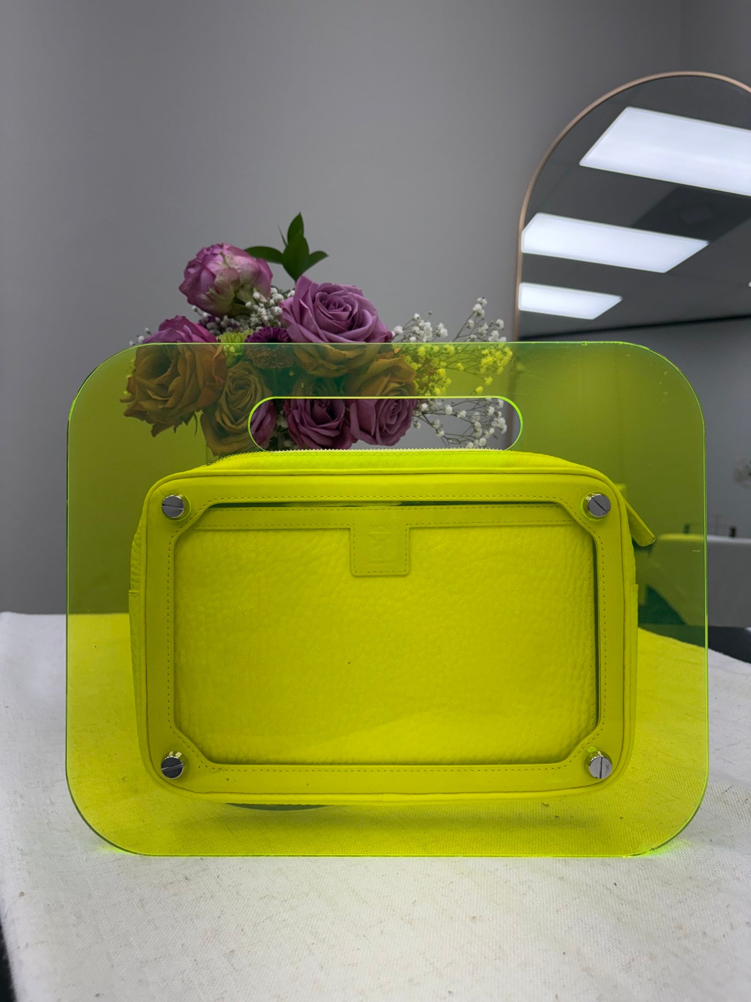 MCM Neon Yellow Leather & Acrylic Phenomenon Clutch