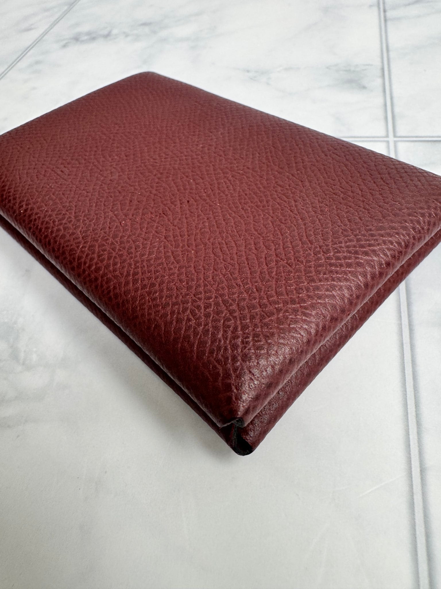 Hermes Burgundy Grained Leather Calvi Card Holder