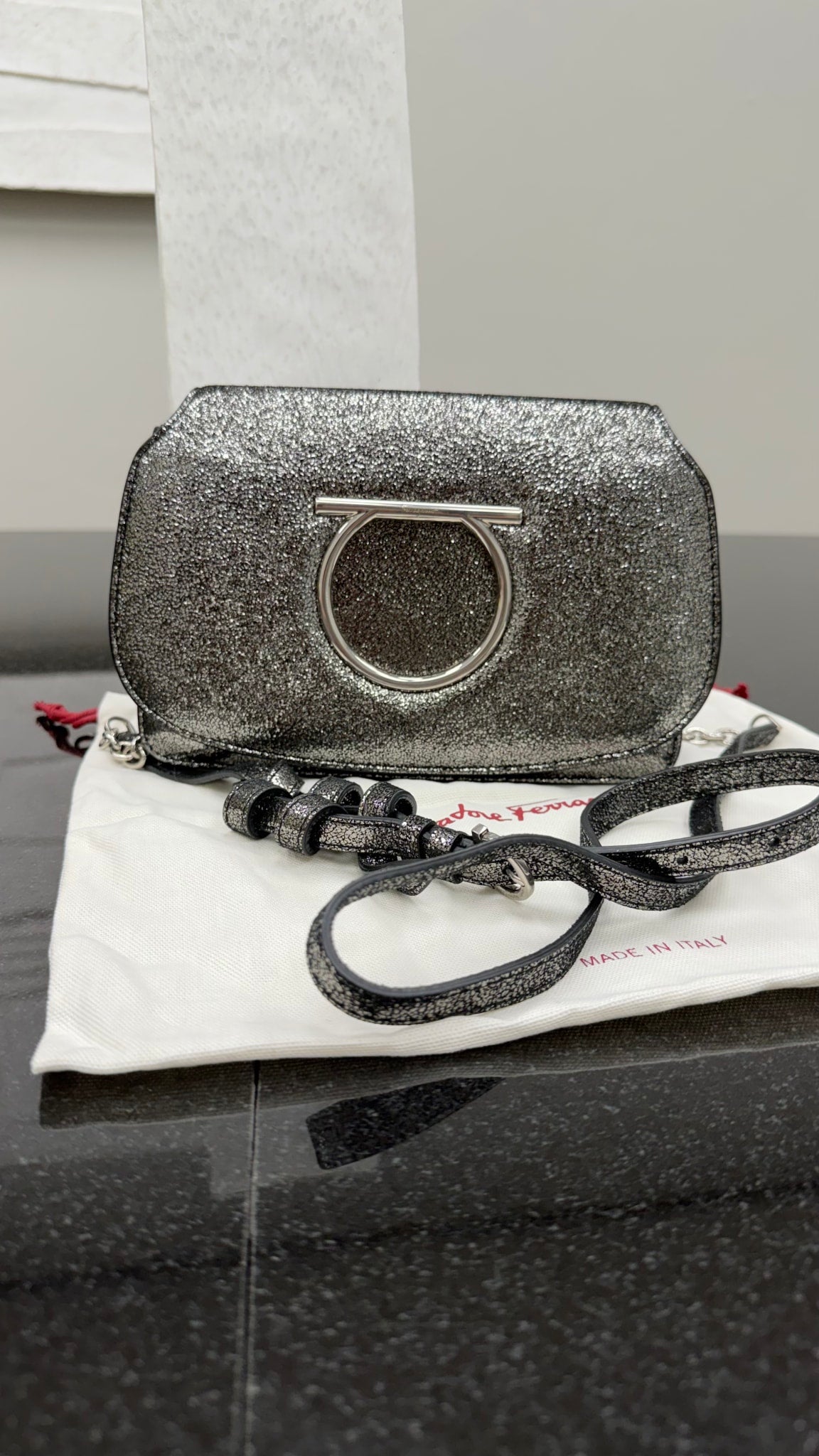 Salvatore Ferragamo Black Crinkled Metallic Leather Clutch Crossbody